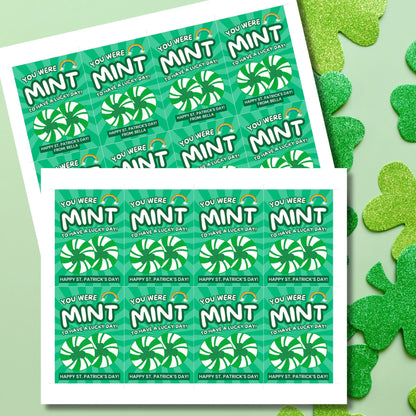 A fun St. Patrick’s Day printable gift tag featuring green peppermint swirls, a rainbow, and the pun "You Were MINT to Have a Lucky Day!" in bold, festive typography. The tags are 2.5 x 3.5 inches, laid out on an 8.5 x 11-inch sheet, 8 per page. Available as a printable PDF and an editable Canva template for personalization.