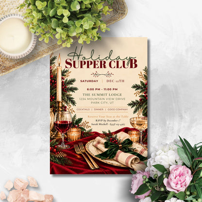 A festive holiday supper club invitation card styled in a flat-lay arrangement with green foliage, a lit candle, gold cutlery, and pink and white flowers on a light marble surface.