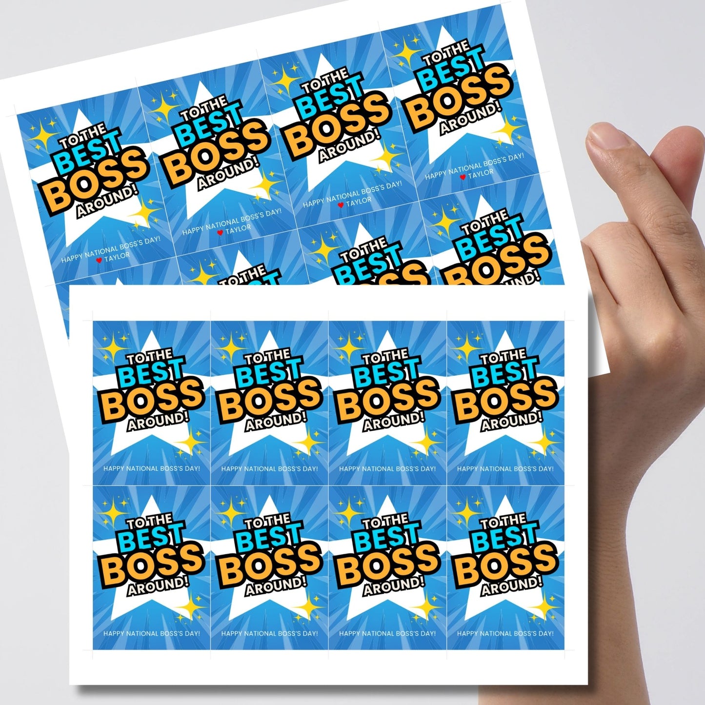 Editable National Boss's Day gift tags with the bold message "To the Best Boss Around!" against a bright blue and starburst background. Each tag is 2.5 x 3.5 inches, 8 per sheet.