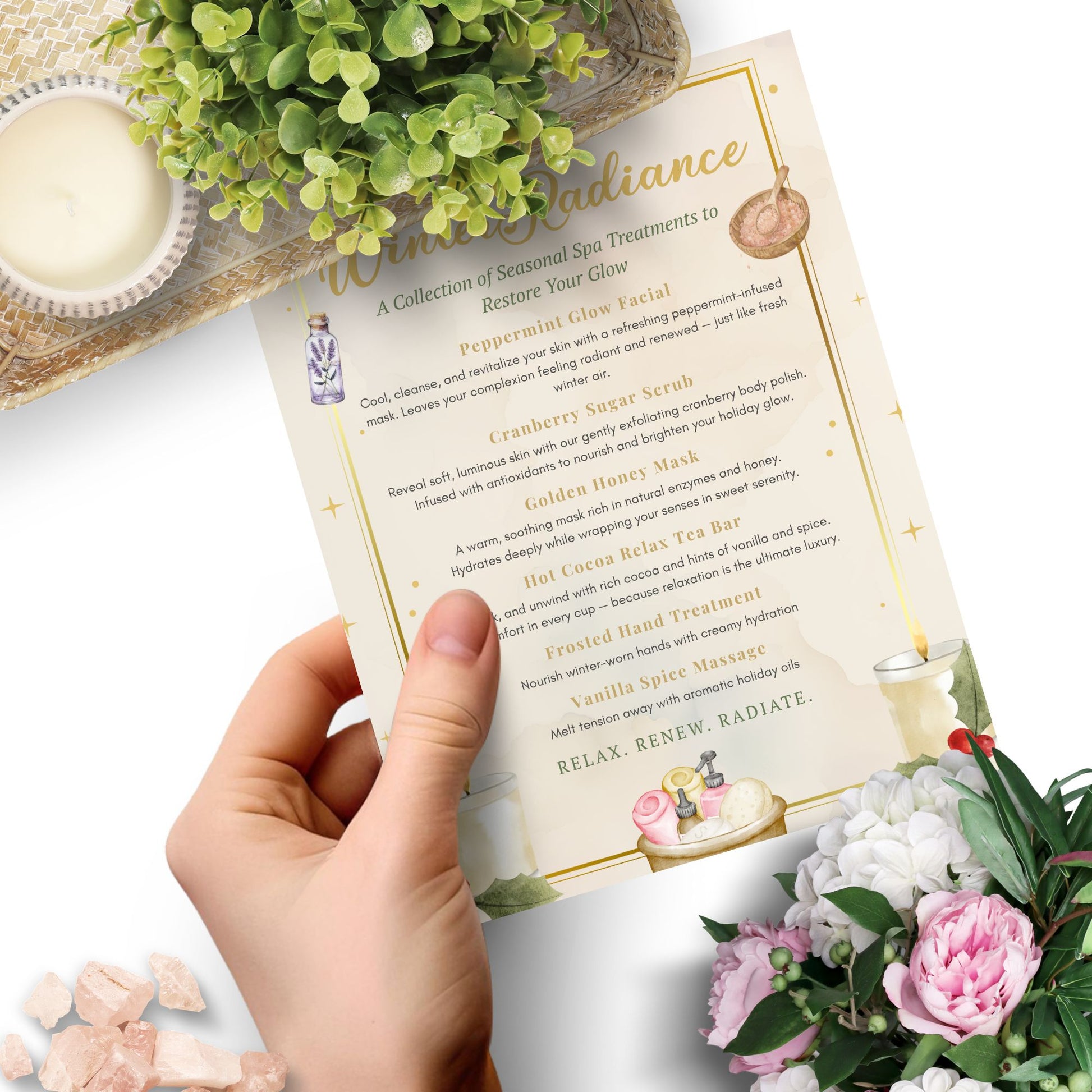 Hand holding a spa treatment menu with decorative elements like flowers and a plant.