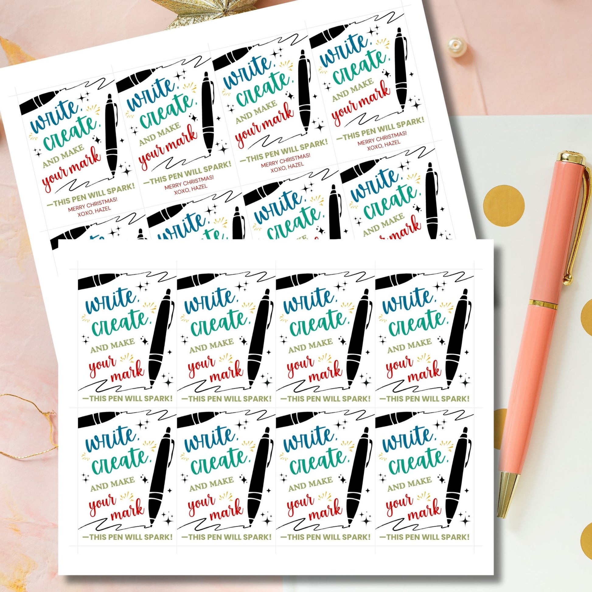 Festive pen-themed Christmas gift tags with the message 'Write, Create, and Make Your Mark - This Pen Will Spark!' Perfect for adding a creative touch to holiday gifts for teachers, students, and writers.