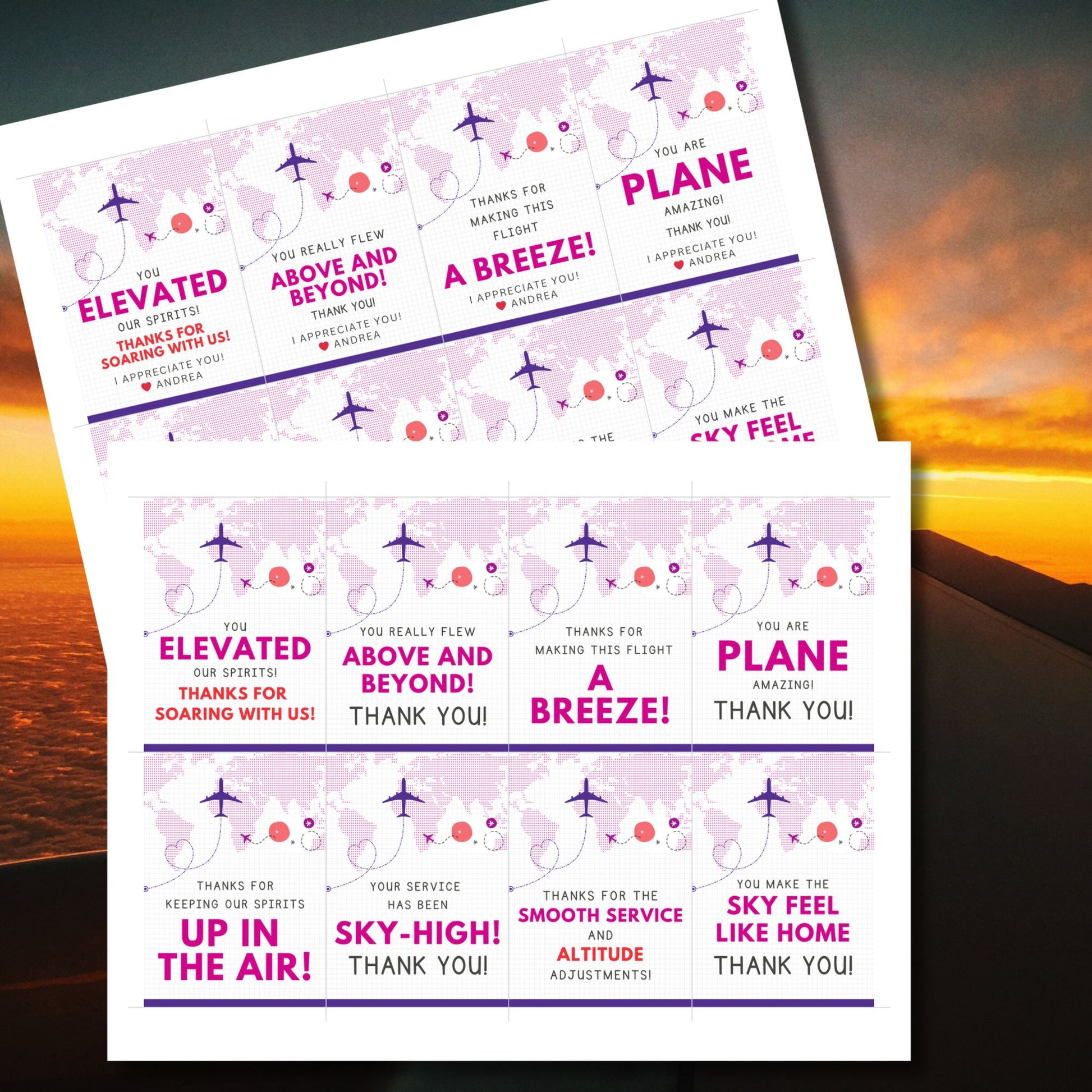 Printable tropical aviation thank you gift tags with airplane illustration and island-inspired colors, designed for flight crew appreciation gifts.