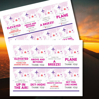 Printable tropical aviation thank you gift tags with airplane illustration and island-inspired colors, designed for flight crew appreciation gifts.