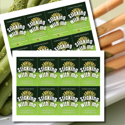 Matcha Pocky printable thank you gift tags in green reading “Thanks for Always Sticking With Me and Making Life a Little Sweeter,” 2.5x3.5 inches, 8 per 8.5x11 sheet, editable Canva template included.