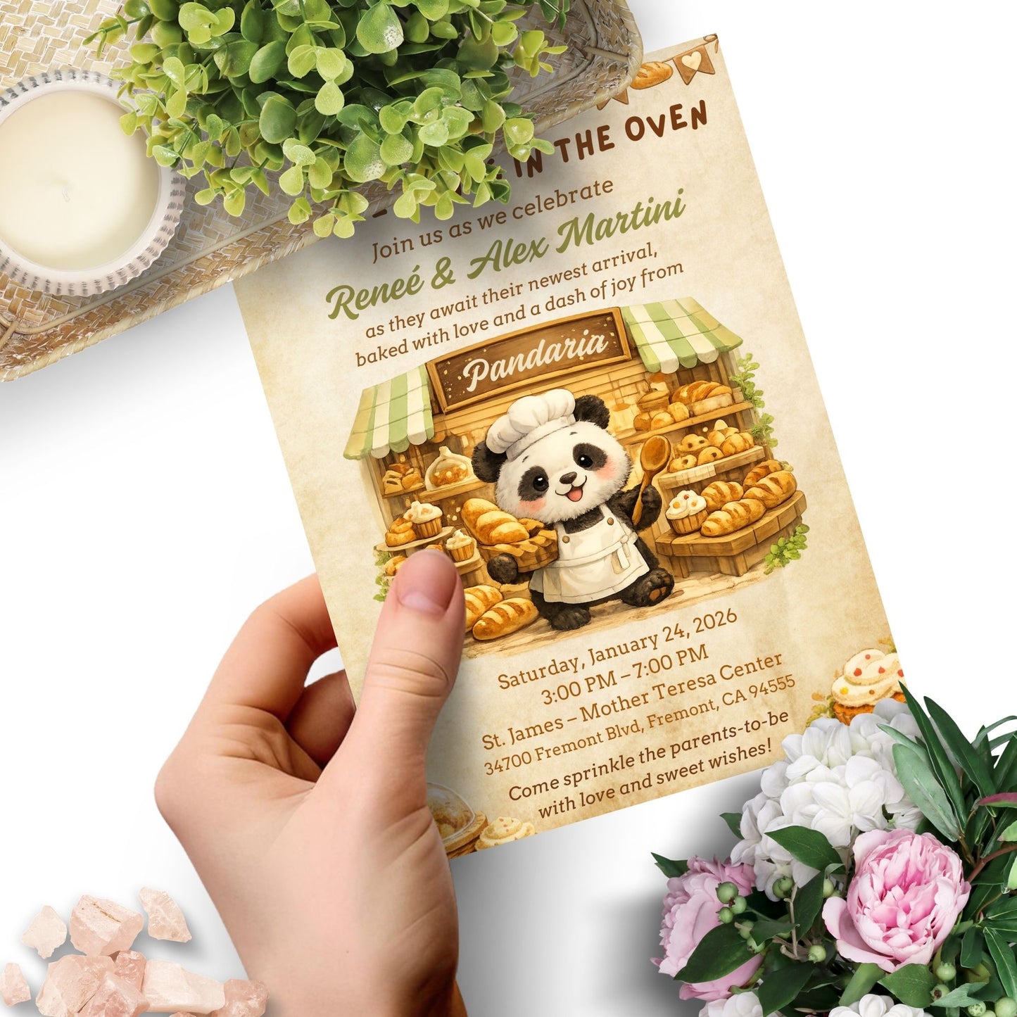 Editable Pandaria panda bakery themed invitation featuring a cute panda baker surrounded by artisan bread and warm bakery details. Whimsical 5x7 Canva invitation perfect for baby showers, birthdays, and bakery-themed celebrations.
