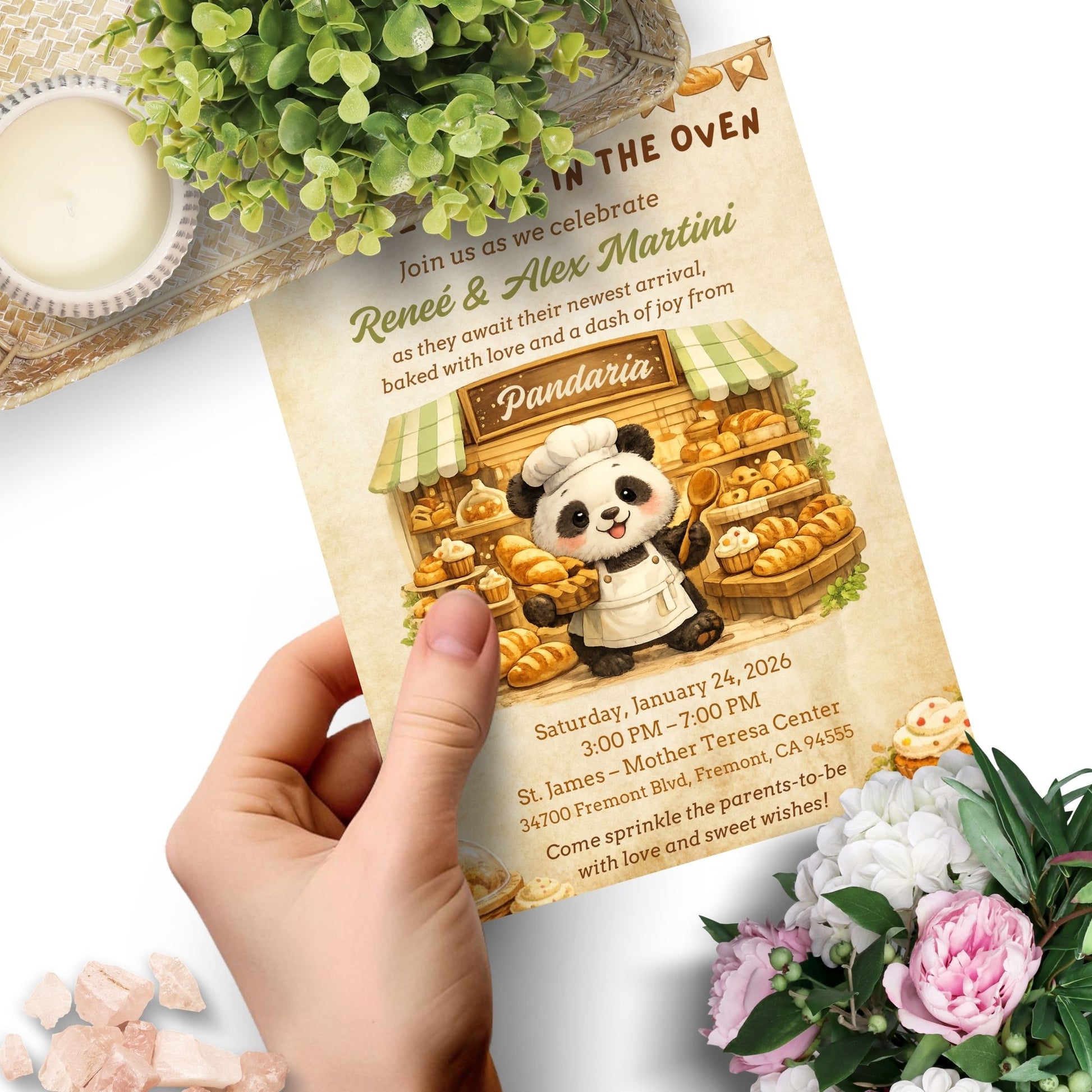 Editable Pandaria panda bakery themed invitation featuring a cute panda baker surrounded by artisan bread and warm bakery details. Whimsical 5x7 Canva invitation perfect for baby showers, birthdays, and bakery-themed celebrations.