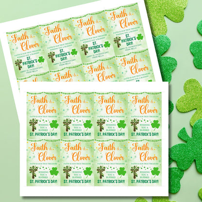 A beautifully designed Christian St. Patrick’s Day printable gift tag featuring a Celtic cross, shamrocks, and a religious blessing. The tags are 2.5 x 3.5 inches, laid out on an 8.5 x 11-inch sheet, 8 per page. Available as a printable PDF and an editable Canva template for personalization.