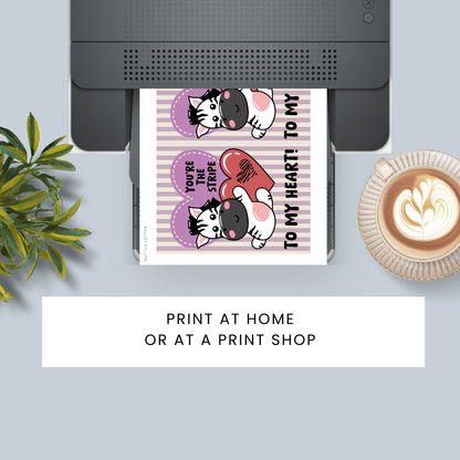 Printable Valentine’s Day Greeting Card featuring the phrase “You’re the Stripe to My Heart” with a zebra design. Designed as a 5x7 PDF on an 8.5 x 11 sheet with two cards per page. A cute and heartfelt Valentine’s card for zebra lovers.