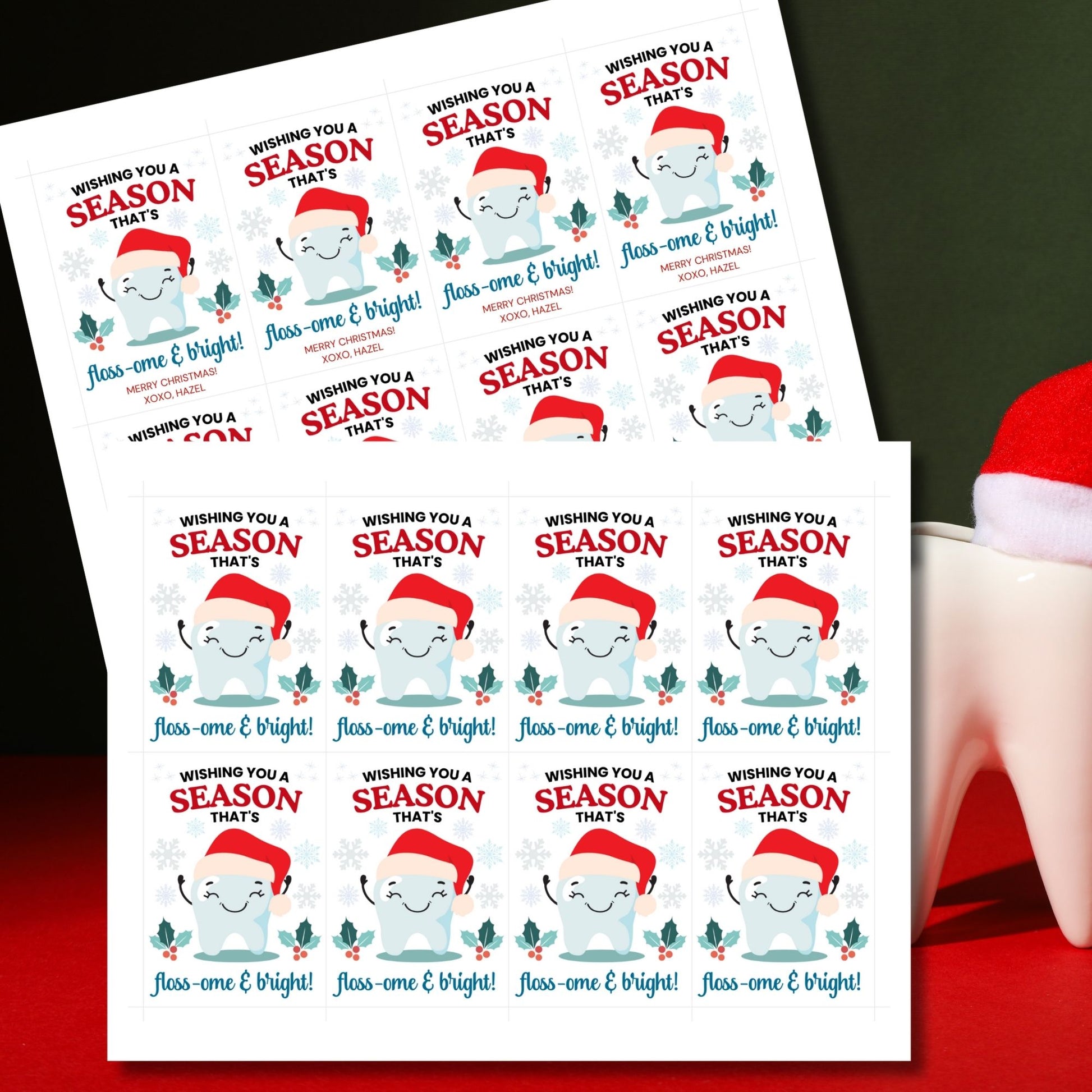 A set of 8 printable and editable holiday gift tags with the message 'Wishing You a Season That's Floss-ome & Bright!' featuring a cheerful tooth character wearing a Santa hat, surrounded by snowflakes, holly, and festive decorations. Perfect for dentists, dental office staff, and dental-themed holiday gifts.