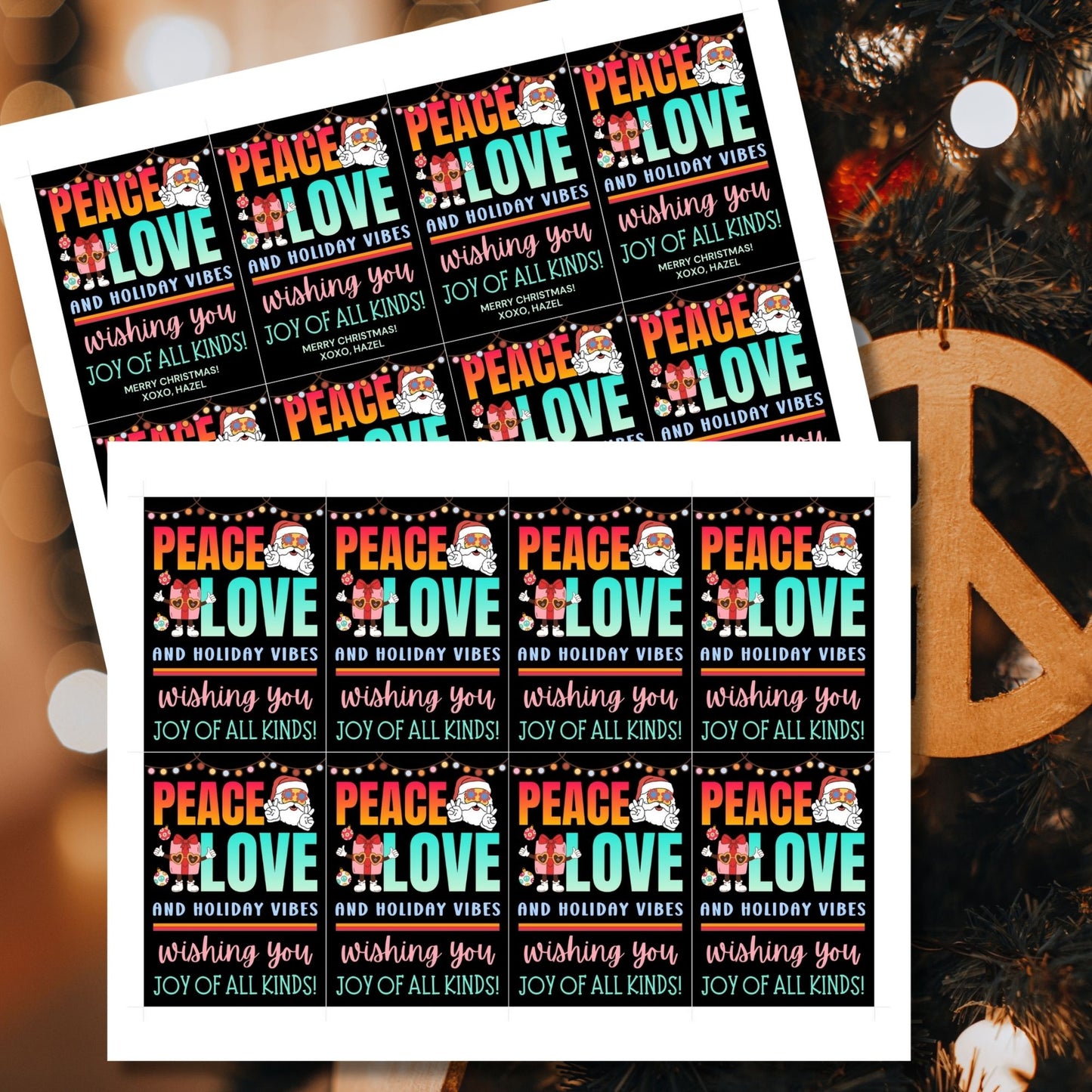 Colorful hippie-themed holiday gift tags with bold retro fonts, peace and love design elements, and Santa Claus in groovy style.