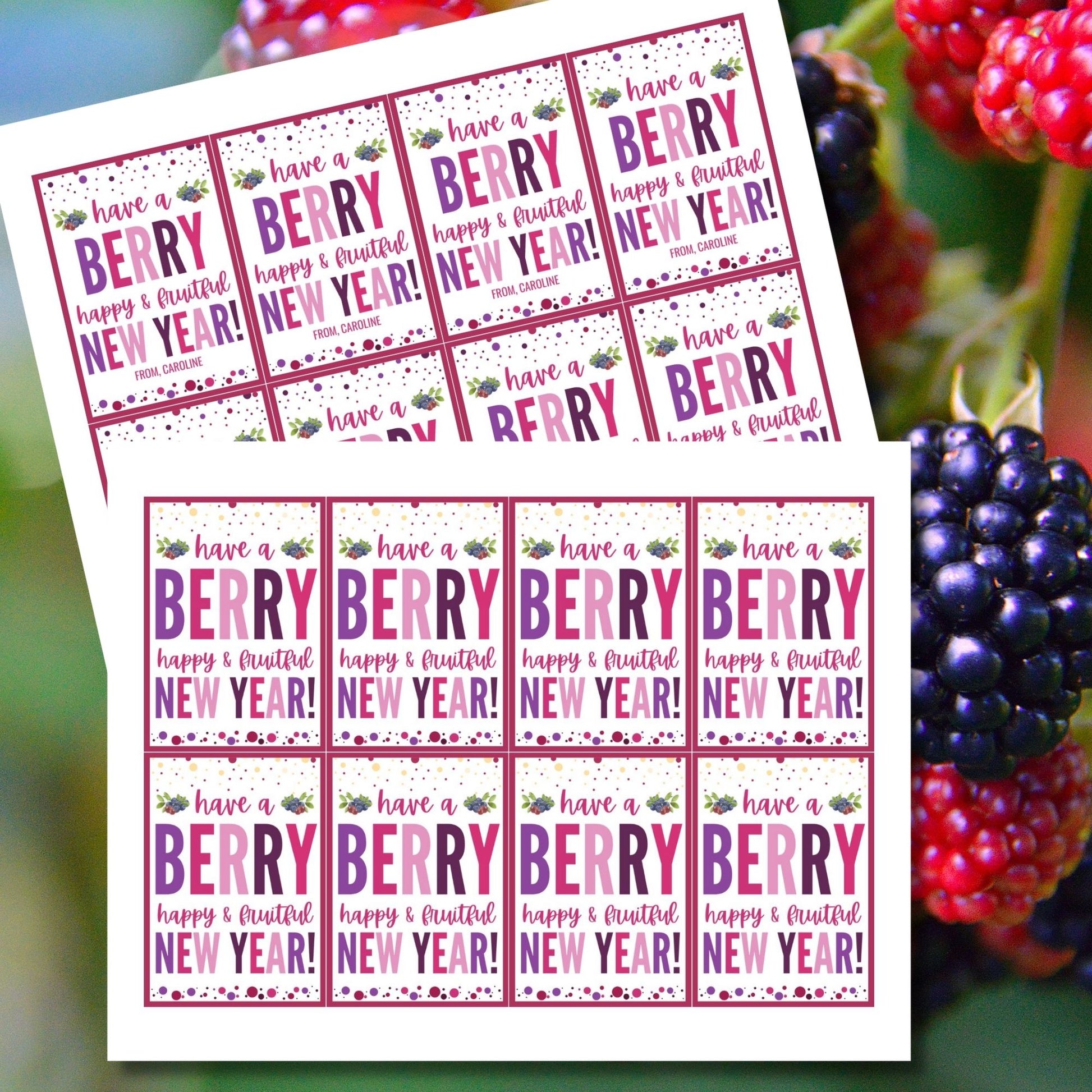 Berry-themed editable New Year gift tags with the message “Have a Berry Happy & Fruitful New Year!” laid out on an 8.5 x 11-inch sheet with 8 tags in vibrant berry colors.