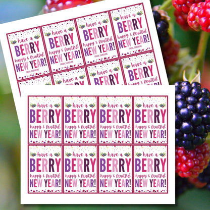 Berry-themed editable New Year gift tags with the message “Have a Berry Happy & Fruitful New Year!” laid out on an 8.5 x 11-inch sheet with 8 tags in vibrant berry colors.