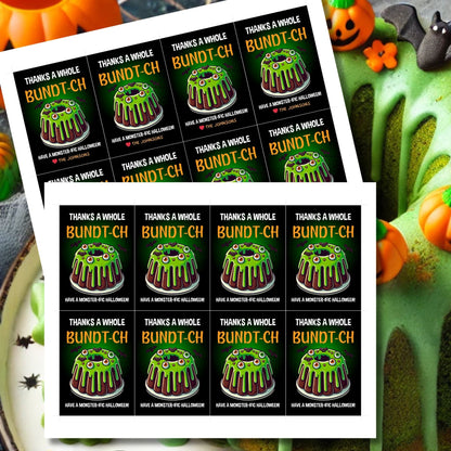 Halloween gift tag featuring a monster-themed bundt cake with green icing, creepy eyeballs, and the message 'Thanks a Whole Bundt-Ch. Have a Monster-ific Halloween!'