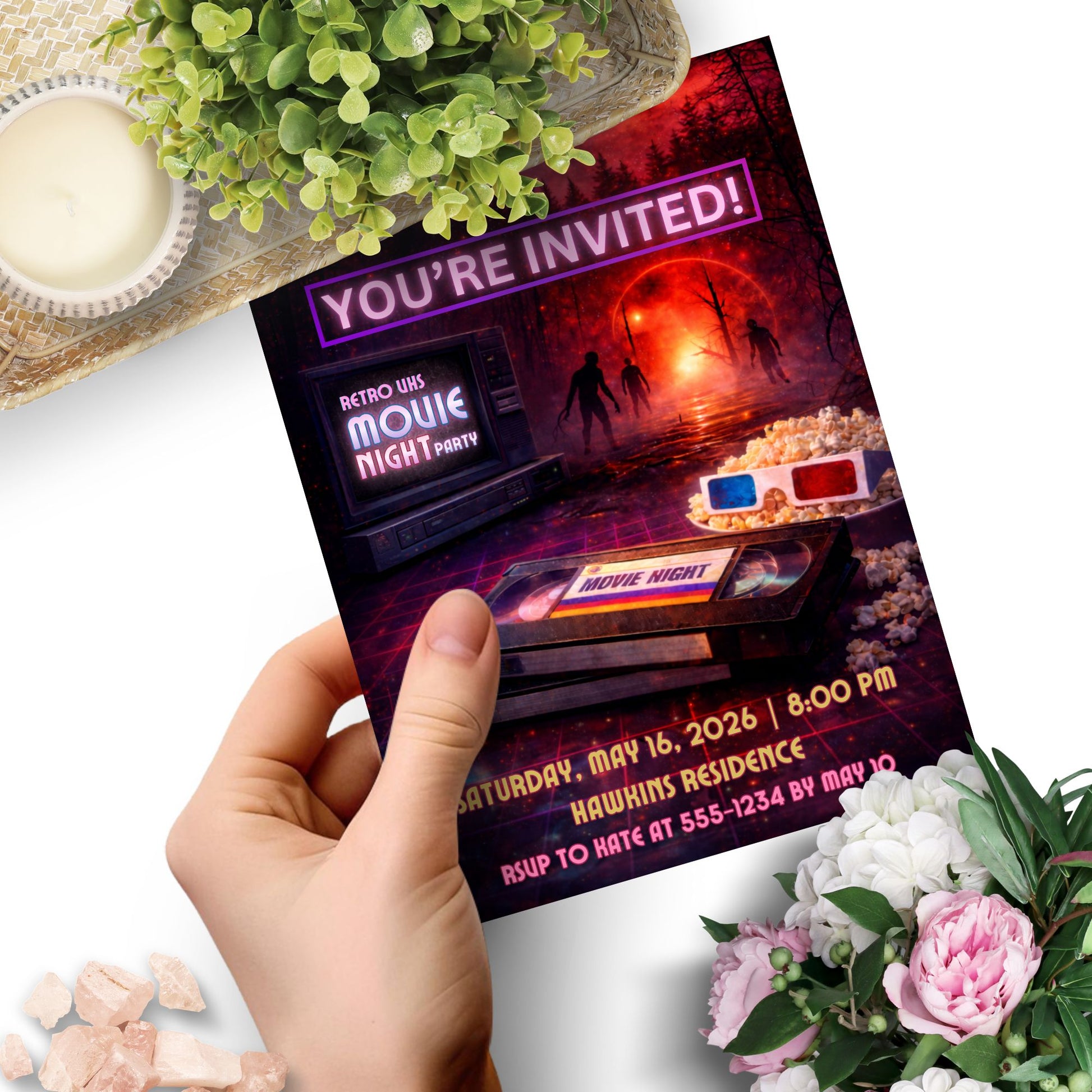 Editable retro sci-fi movie night invitation featuring neon glow, VHS-style elements, and cinematic 1980s nostalgia, designed as a 5x7 Canva-editable digital party invite for birthdays and movie nights.