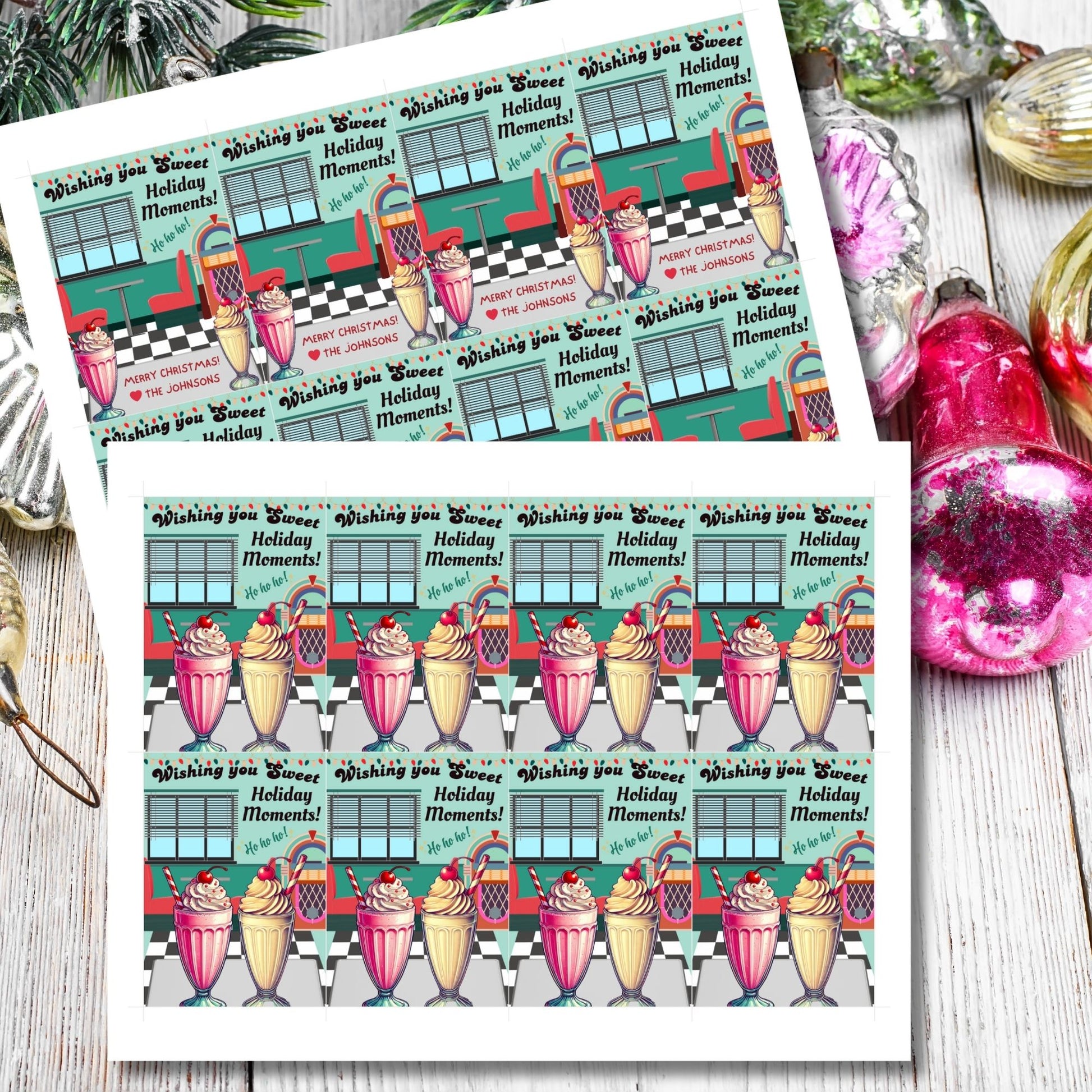 Retro-inspired Christmas gift tags featuring a 1950s diner scene with a jukebox, booths, and milkshakes, paired with the message "Wishing You Sweet Holiday Moments!" These printable and editable tags add a nostalgic touch to holiday gifting.