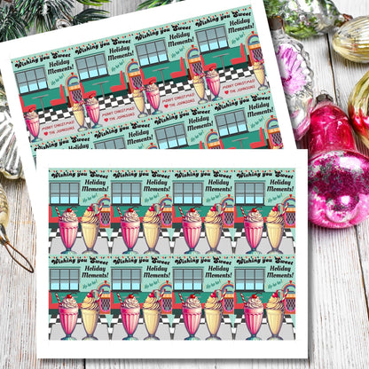 Retro-inspired Christmas gift tags featuring a 1950s diner scene with a jukebox, booths, and milkshakes, paired with the message "Wishing You Sweet Holiday Moments!" These printable and editable tags add a nostalgic touch to holiday gifting.