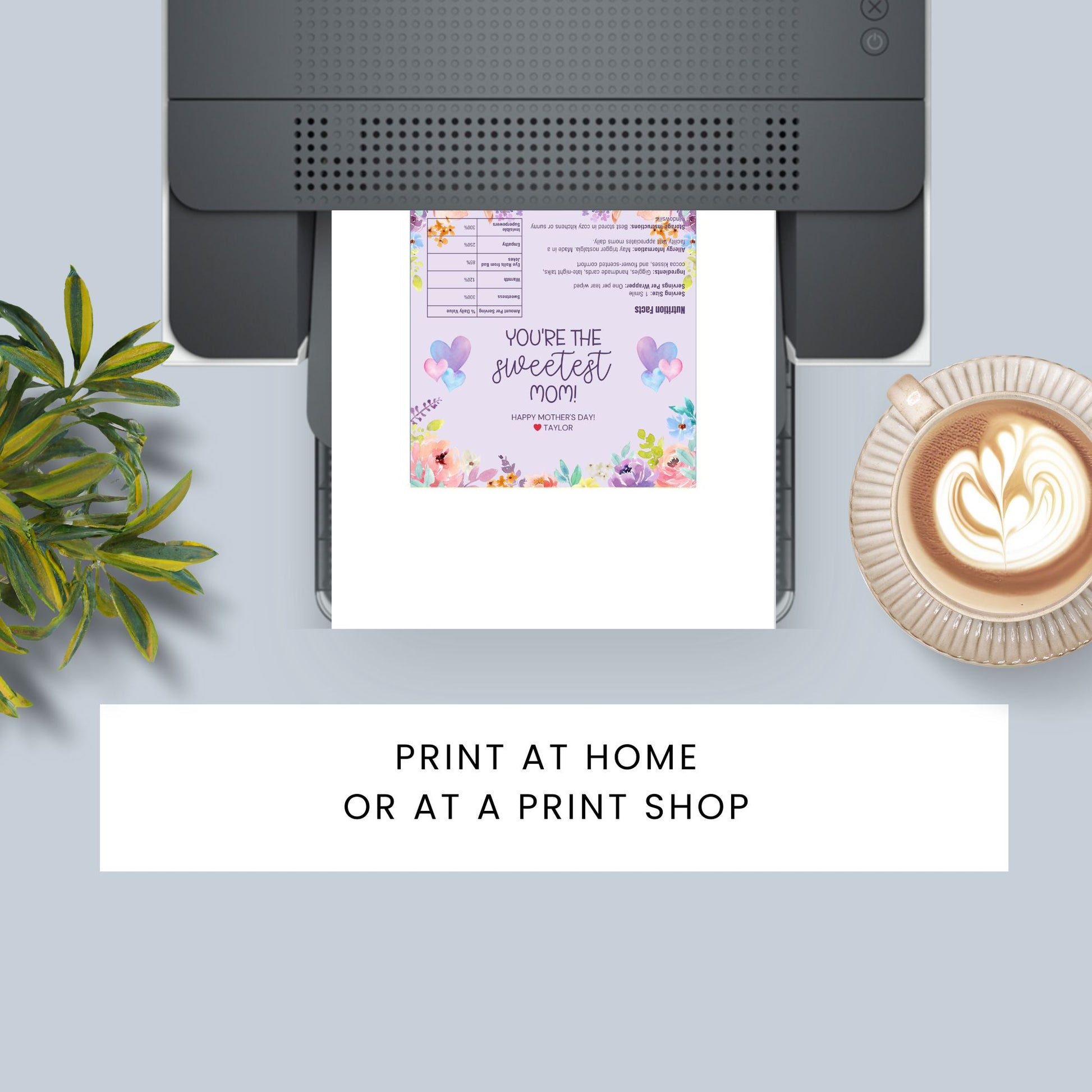 Floral watercolor chocolate bar wrapper with the message “You’re the Sweetest Mom!” in soft purple and heart accents – printable gift for Mother's Day, grandma, or church moms.