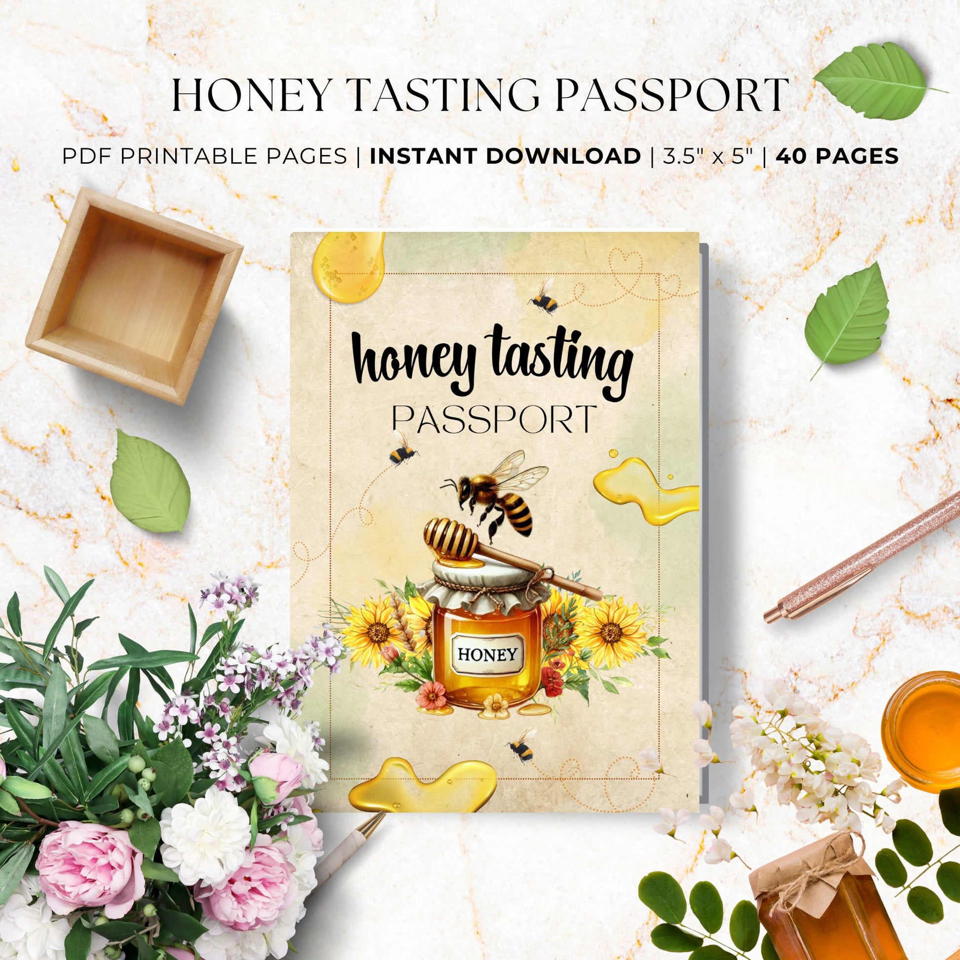 Honey tasting passport with floral and honey elements on a decorative background