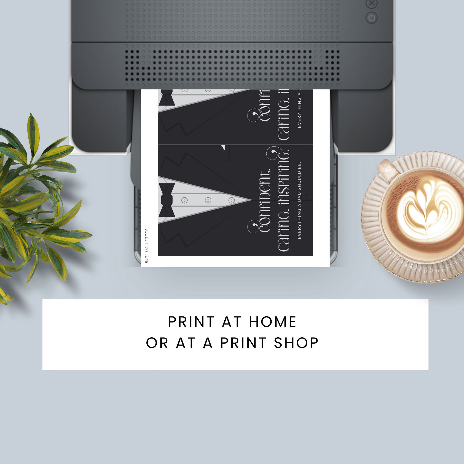 Father's Day card printable with bold text 'Confident. Caring. Inspiring.' featuring a minimalist design of a suit and tie in grayscale tones.