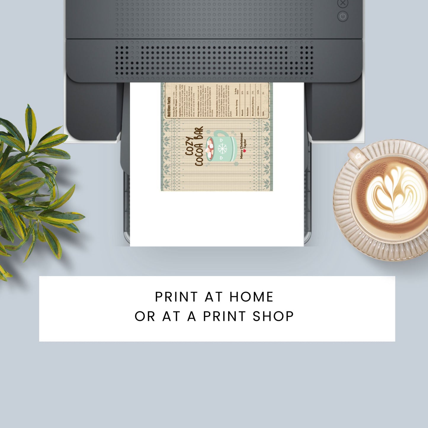 Printer printing a document with a cup of coffee and plant on a light blue surface