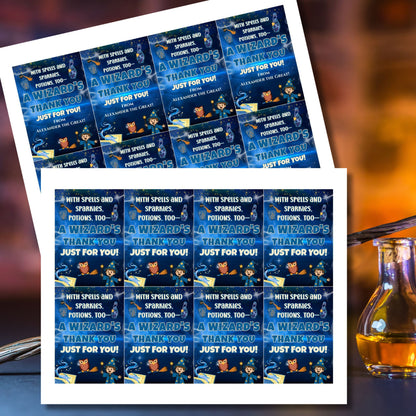 Sheet of personalized wizard-themed thank you cards with a potion bottle on a gradient background.