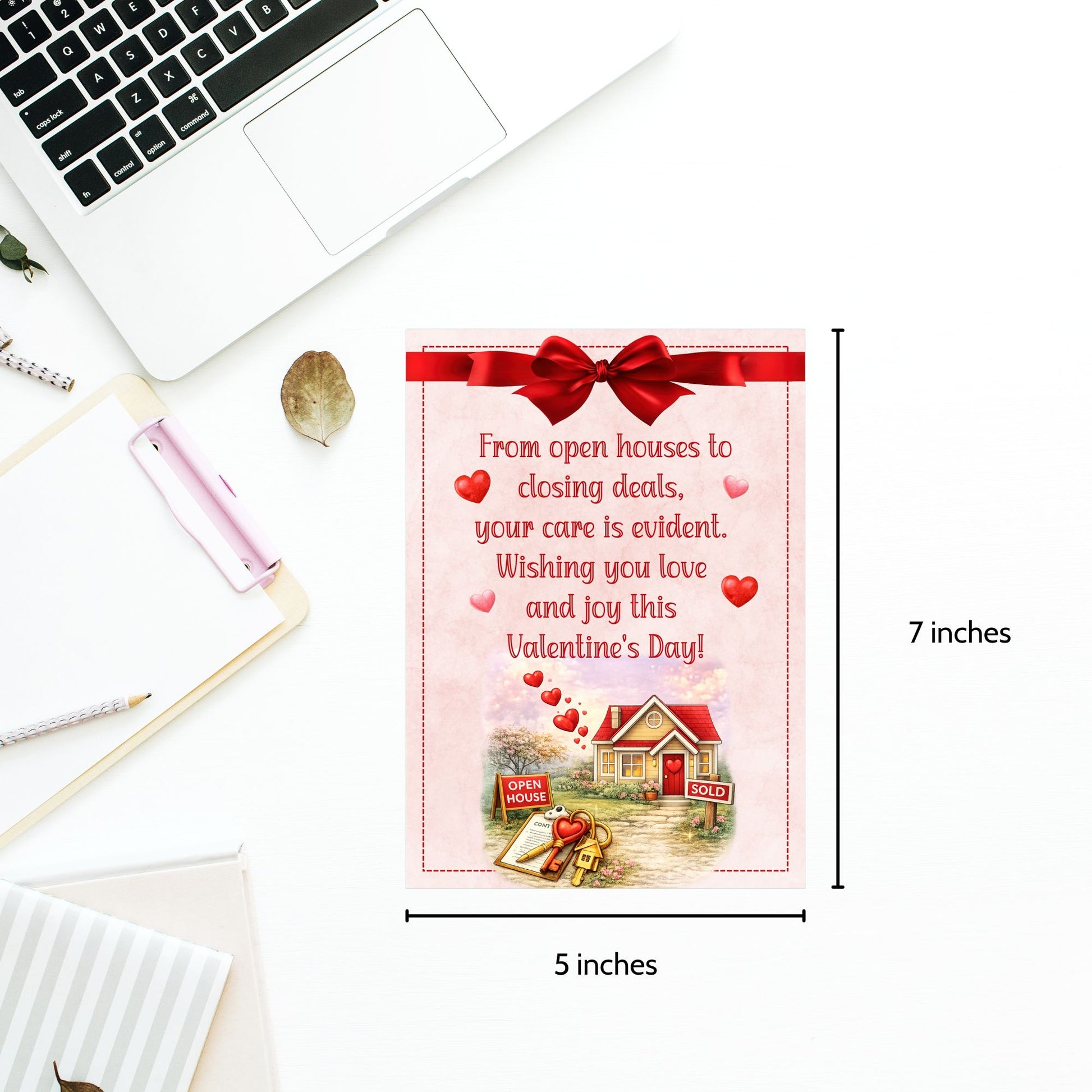 Printable Valentine’s Day cards for realtors featuring real estate themed illustrations, hearts, keys, and homes, designed as professional 5x7 thank you cards for real estate client appreciation.