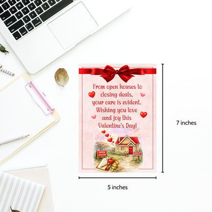 Printable Valentine’s Day cards for realtors featuring real estate themed illustrations, hearts, keys, and homes, designed as professional 5x7 thank you cards for real estate client appreciation.