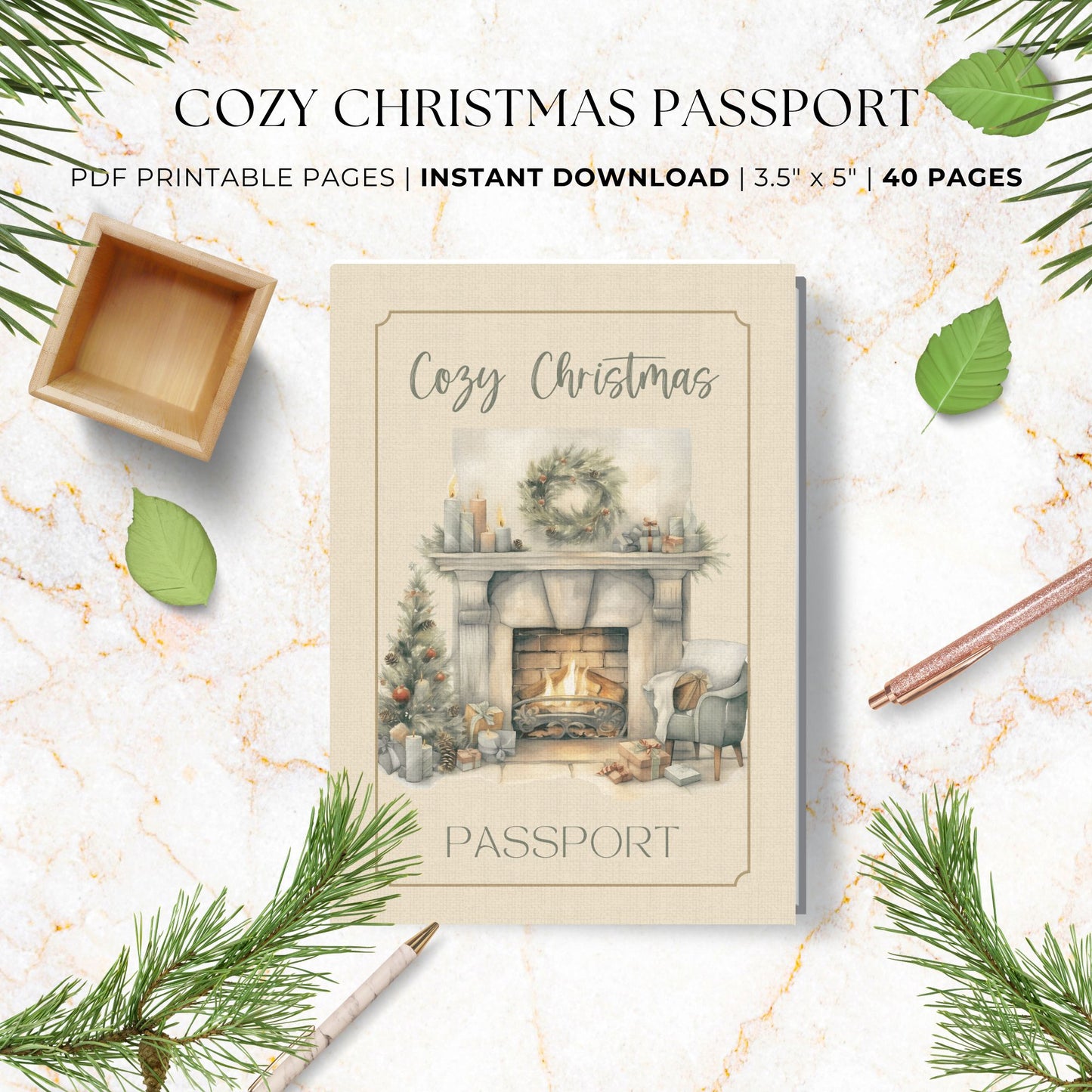 Cozy Christmas Passport Printable – 40-page hygge holiday journal with watercolor illustrations, tasting logs, self-care pages, and winter reflections.