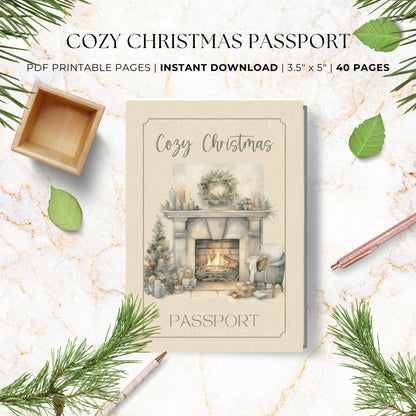 Cozy Christmas Passport Printable – 40-page hygge holiday journal with watercolor illustrations, tasting logs, self-care pages, and winter reflections.