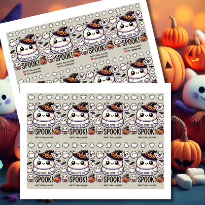 Cute Halloween gift tags featuring a squishy ghost in a witch hat, surrounded by ghosts and pumpkins. The tag reads "Too Cute to Spook!" and is perfect for Squishmallow-themed Halloween gifts. The tags are 2.5 x 3.5 inches and come with a printable PDF and an editable template.