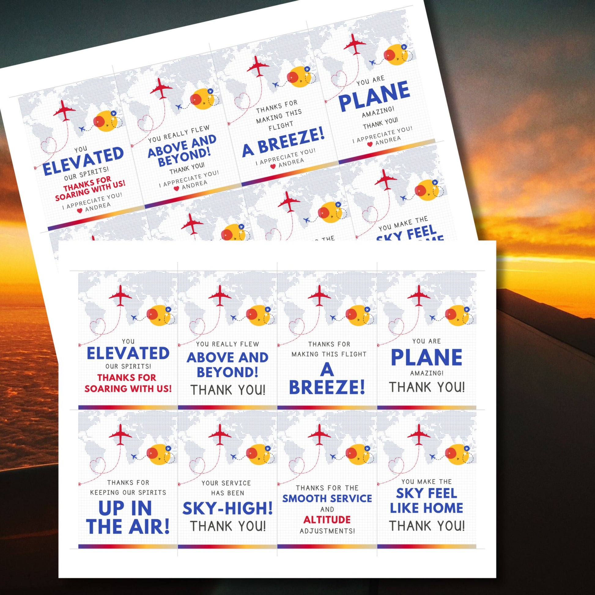 Printable aviation thank you gift tags with bright red, blue, and sunset tones, designed for fun and cheerful flight crew appreciation gifts.