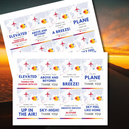 Printable aviation thank you gift tags with bright red, blue, and sunset tones, designed for fun and cheerful flight crew appreciation gifts.