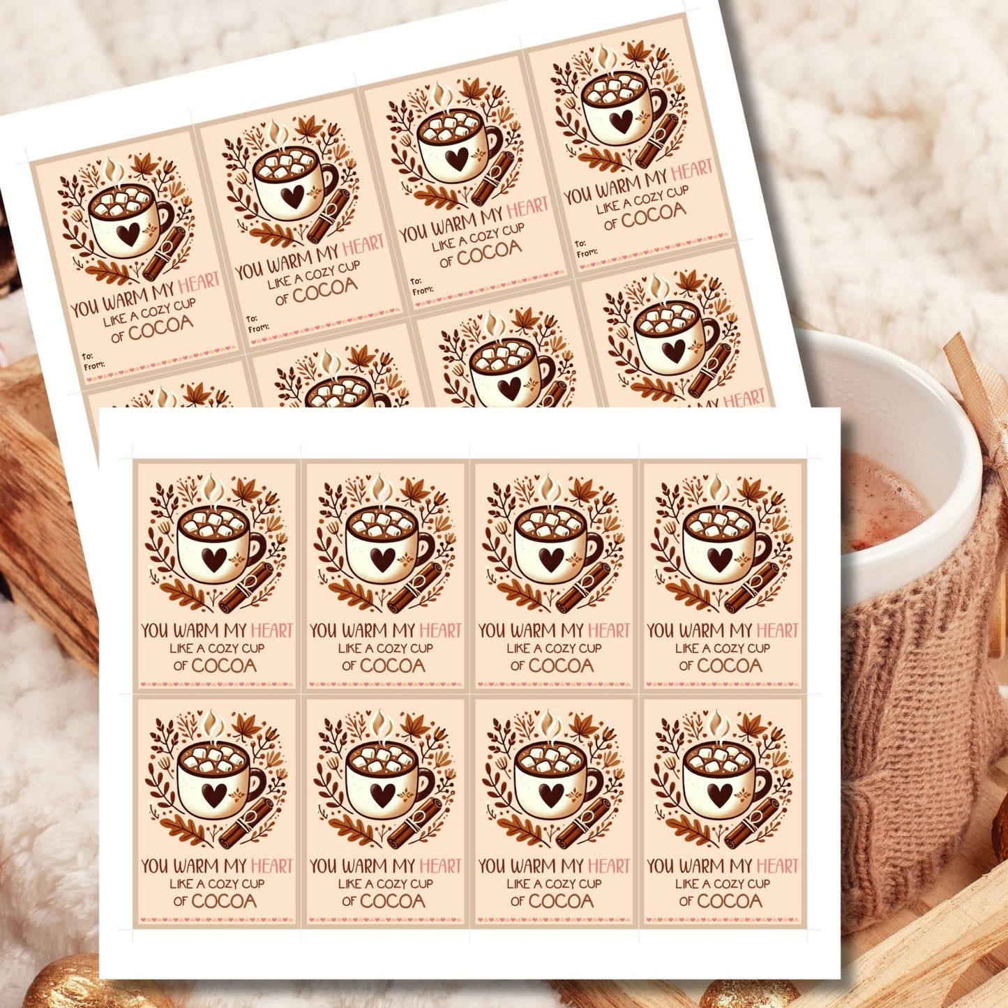 Editable hot cocoa-themed fall gift tags with the message 'You Warm My Heart Like a Cozy Cup of Cocoa' in 2.5 x 3.5 inches, 8 per sheet, available as printable and customizable PDFs.