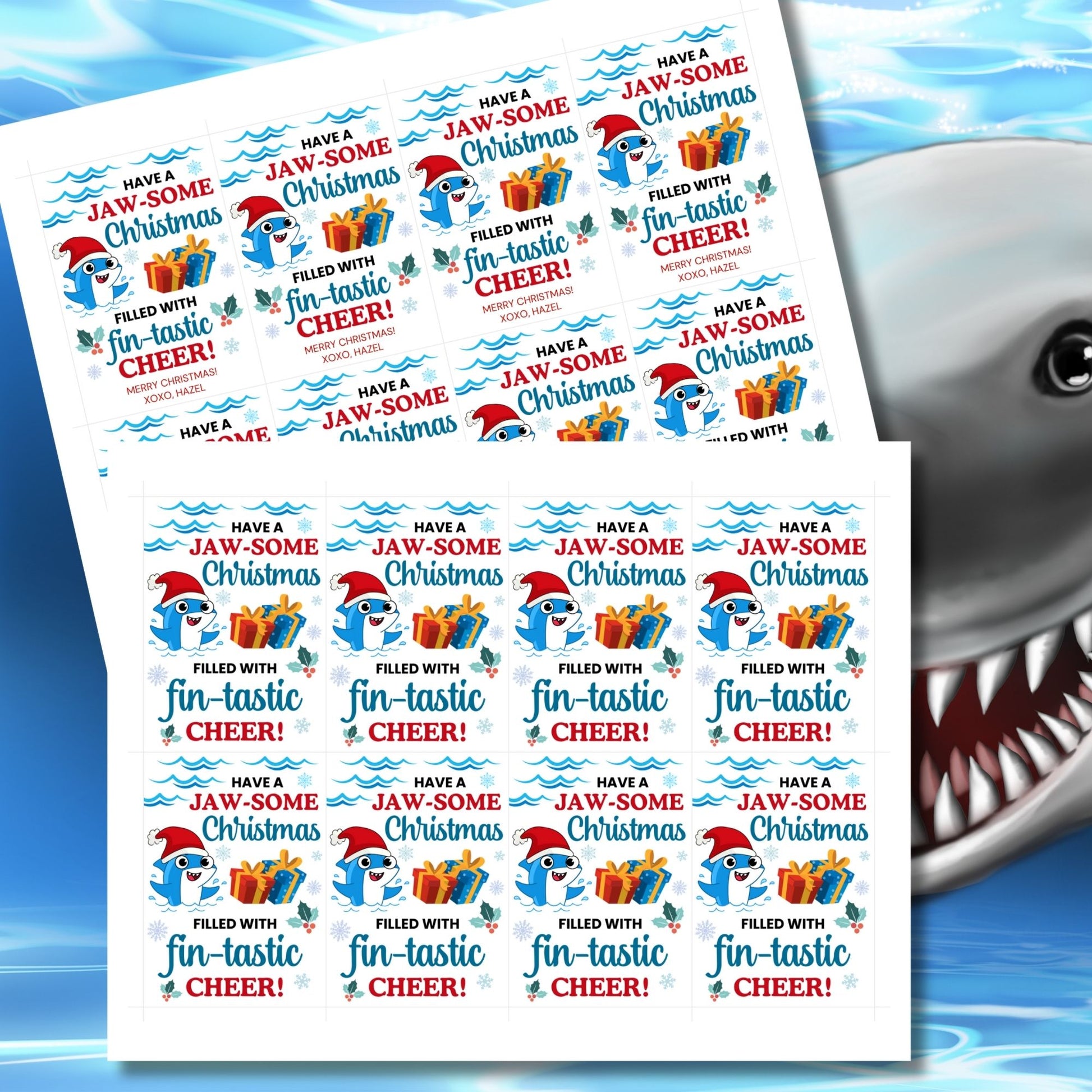 Festive shark-themed holiday gift tags featuring a smiling shark wearing a Santa hat, surrounded by waves, holly, and presents, with the message 'Have a JAW-some Christmas filled with fin-tastic cheer!' Perfect for personalized Christmas gifts.