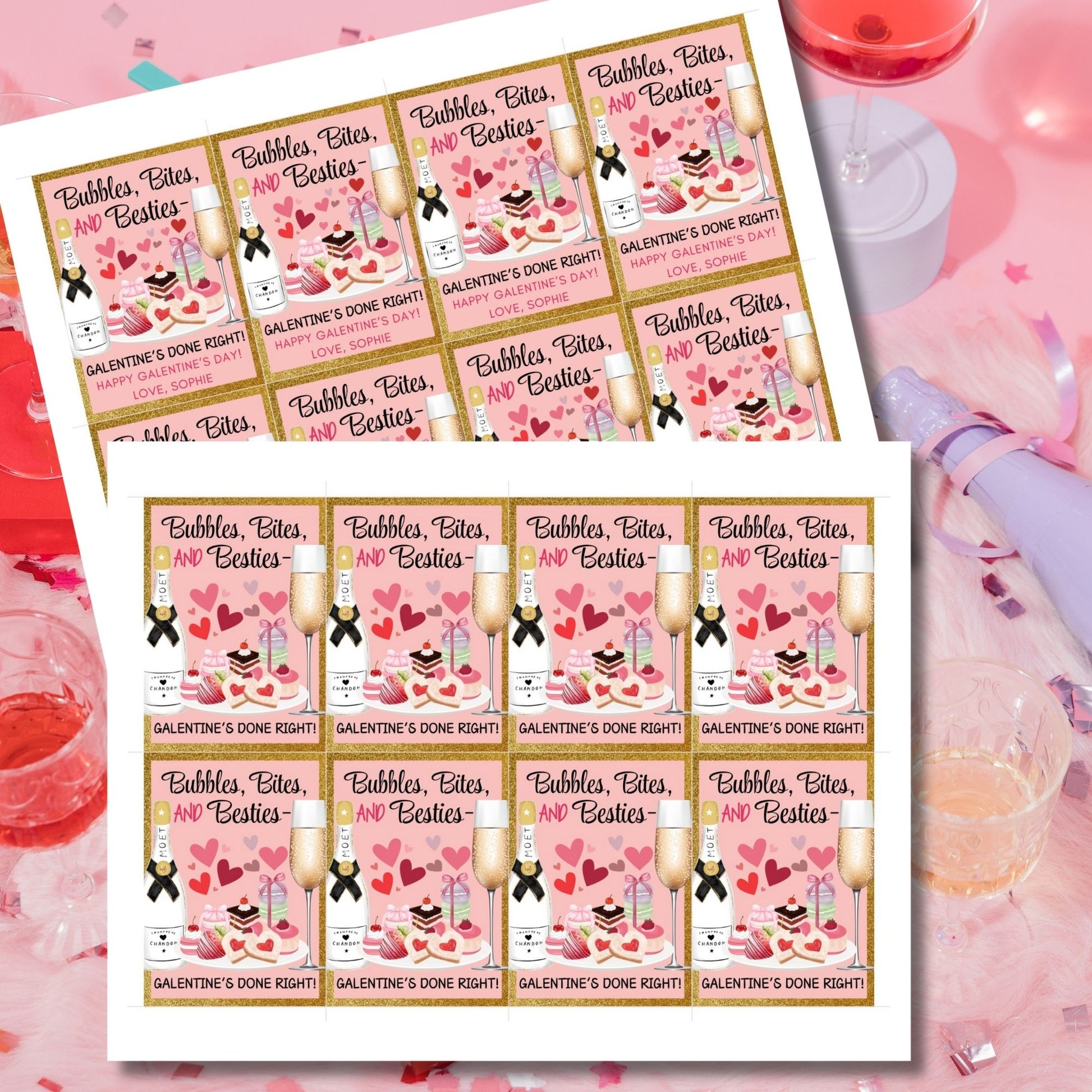 Festive printable and editable Galentine’s Day gift tags featuring champagne, sweets, and the message "Bubbles, Bites, and Besties." Perfect for wine nights, brunch, or Galentine’s gift bags.