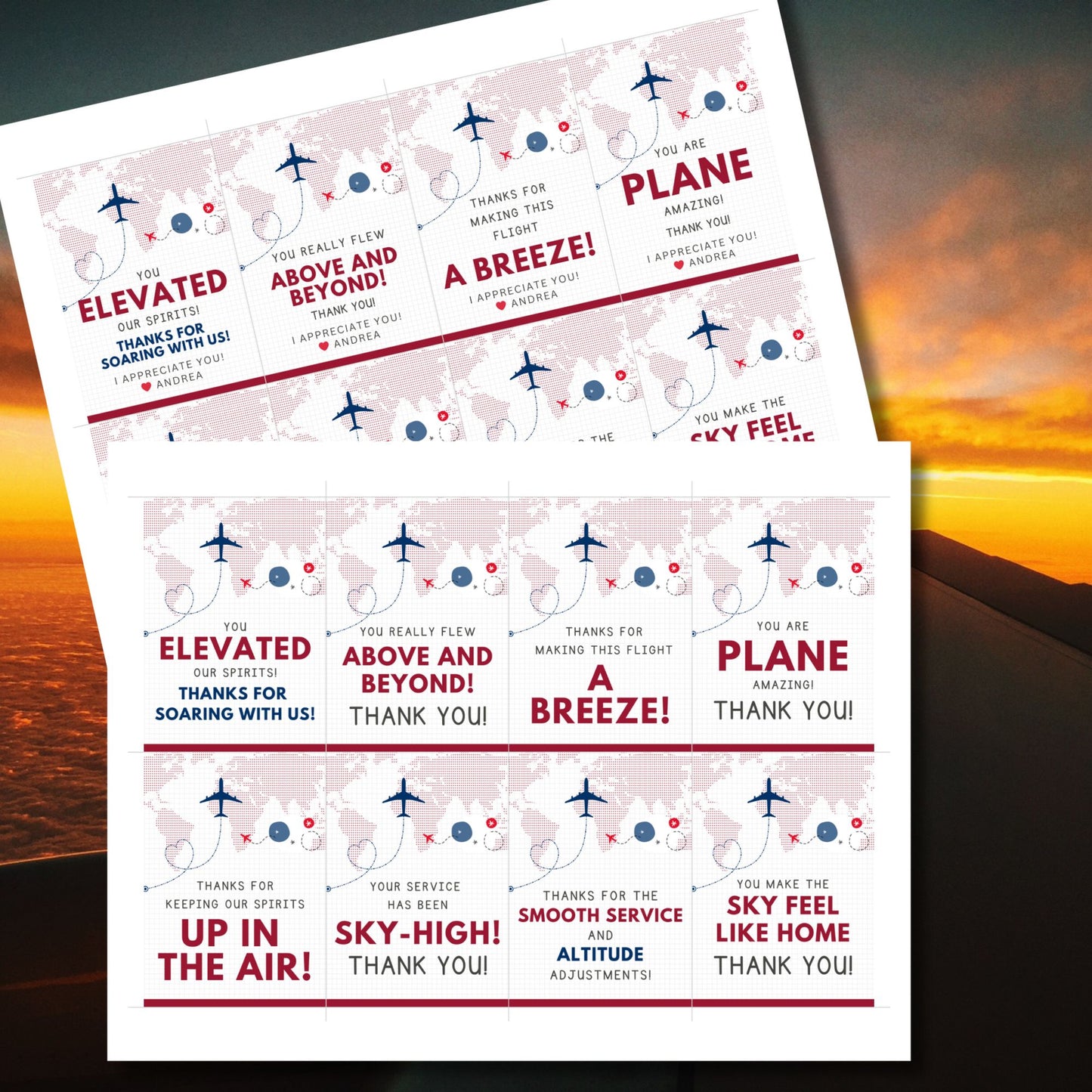 Printable and editable aviation-themed thank you gift tags with airplane illustration in red, navy, and sky tones, designed for flight crew appreciation gifts.
