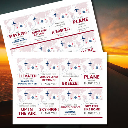 Printable and editable aviation-themed thank you gift tags with airplane illustration in red, navy, and sky tones, designed for flight crew appreciation gifts.
