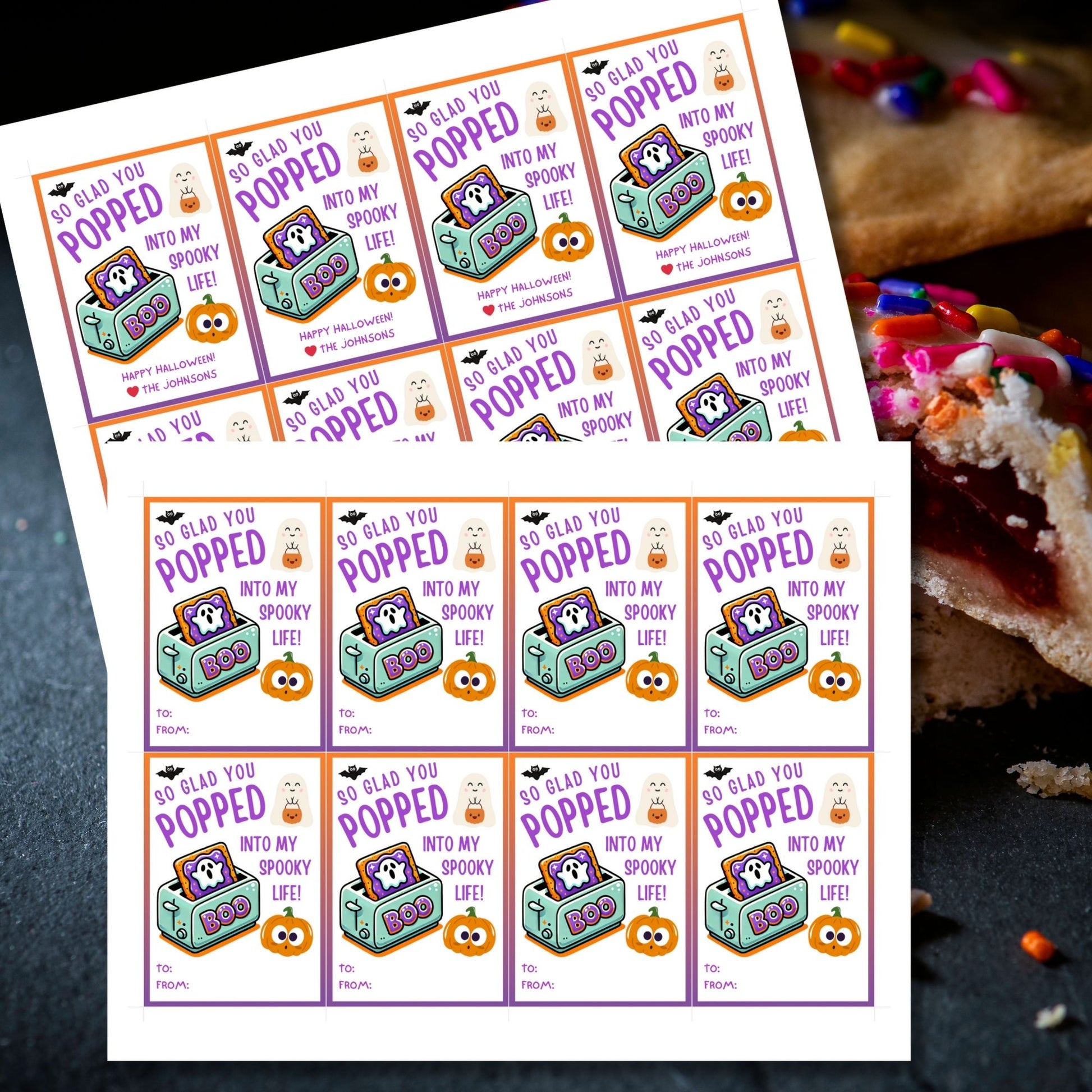 Halloween gift tag featuring a toaster with Pop-Tarts and ghosts with the message 'So Glad You Popped into My Spooky Life!' for Halloween Pop-Tart gifts. Perfect for printable and editable Halloween treat tags.