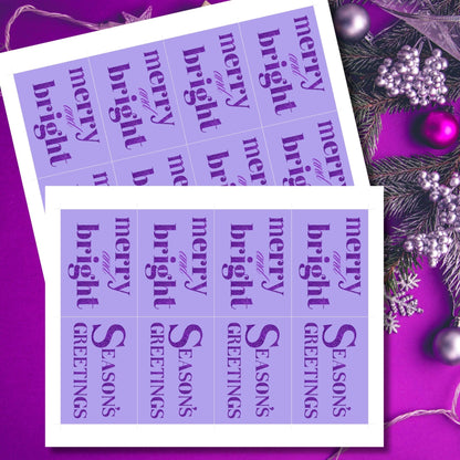 A set of ready-to-print Christmas gift tags featuring bold purple glitter text on a soft lavender background with festive messages like "Merry and Bright" and "Season's Greetings." Each tag measures 2.5 x 3.5 inches, perfect for elegant and vibrant holiday gifting.