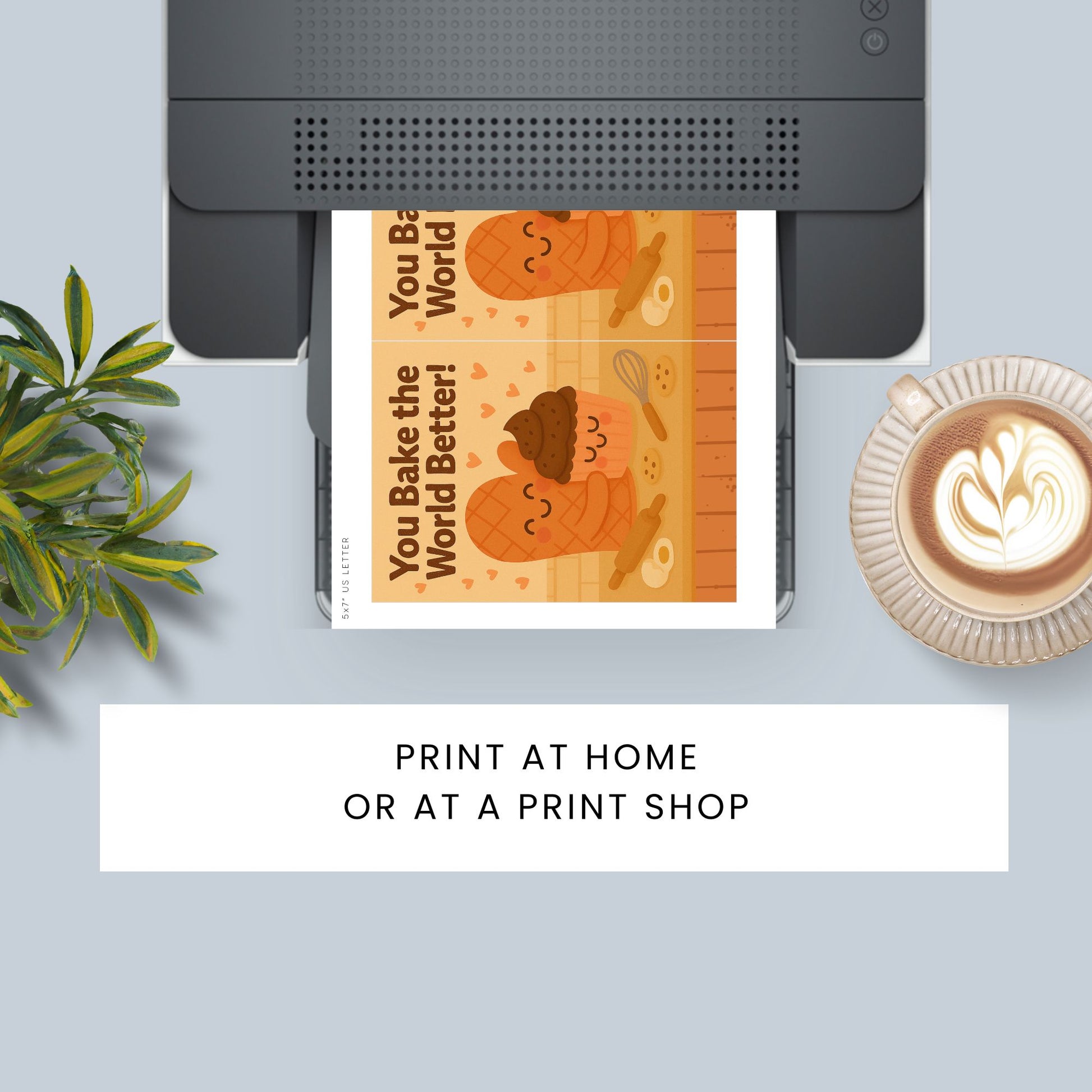 Printable 5x7 Mother's Day greeting card with a cute baking pun – "You Bake the World Better" featuring pastel illustrations and sweet treats, available as an instant download.