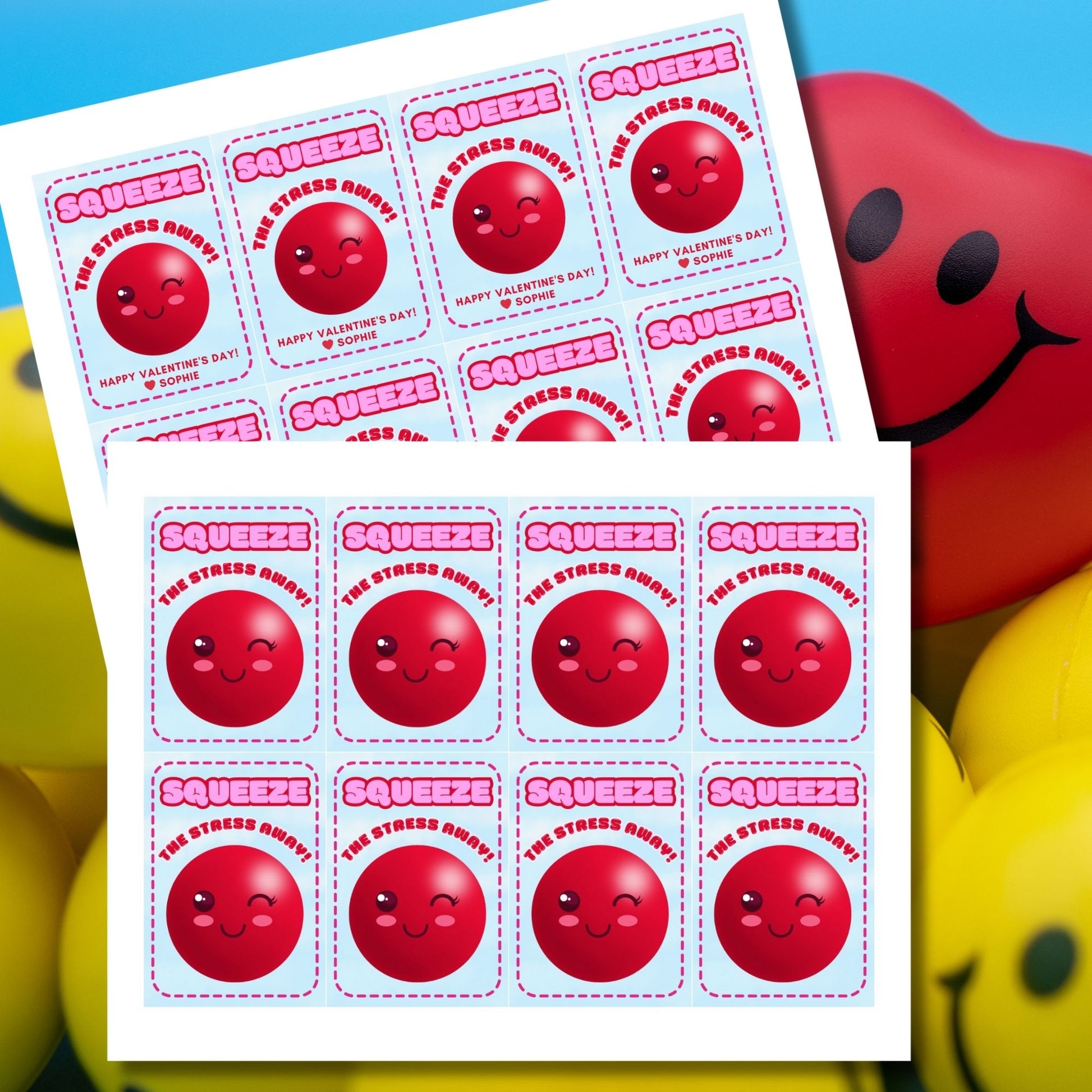 Printable and editable Valentine’s Day gift tags featuring a smiling stress ball with the message "Squeeze the Stress Away!" Perfect for pairing with a stress ball as a thoughtful and fun gift for teachers, employees, students, and coworkers.