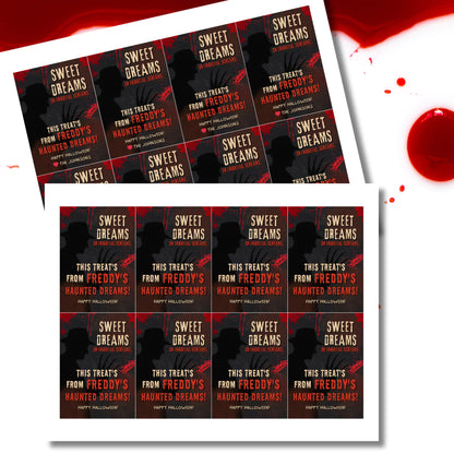 Multiple 'Sweet Dreams' Halloween treat bags with a red and black design.