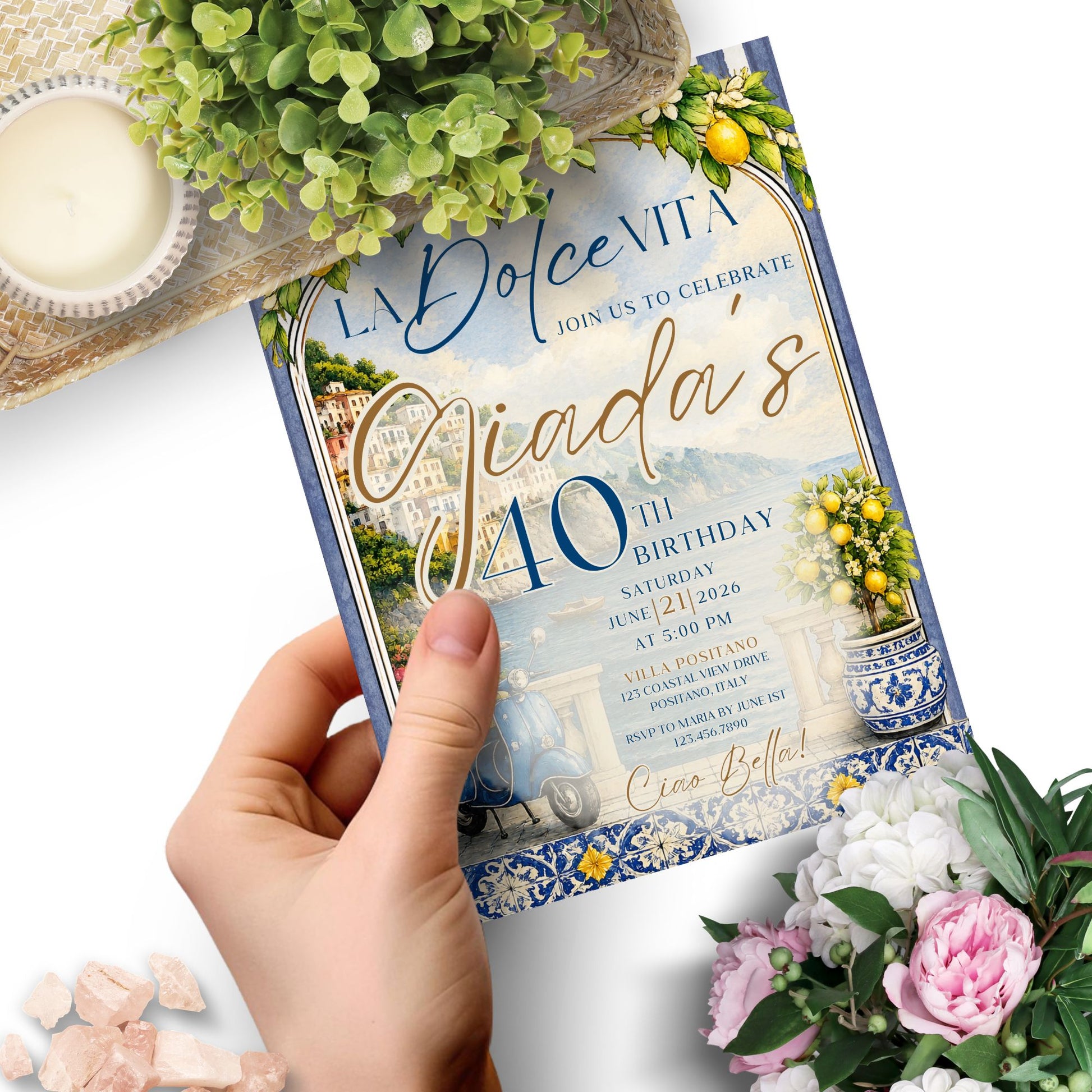 Editable La Dolce Vita party invitation template featuring Amalfi Coast scenery, lemons, blue Italian tiles, Positano coastal artwork, vintage scooter, and elegant Mediterranean typography in blue and gold.