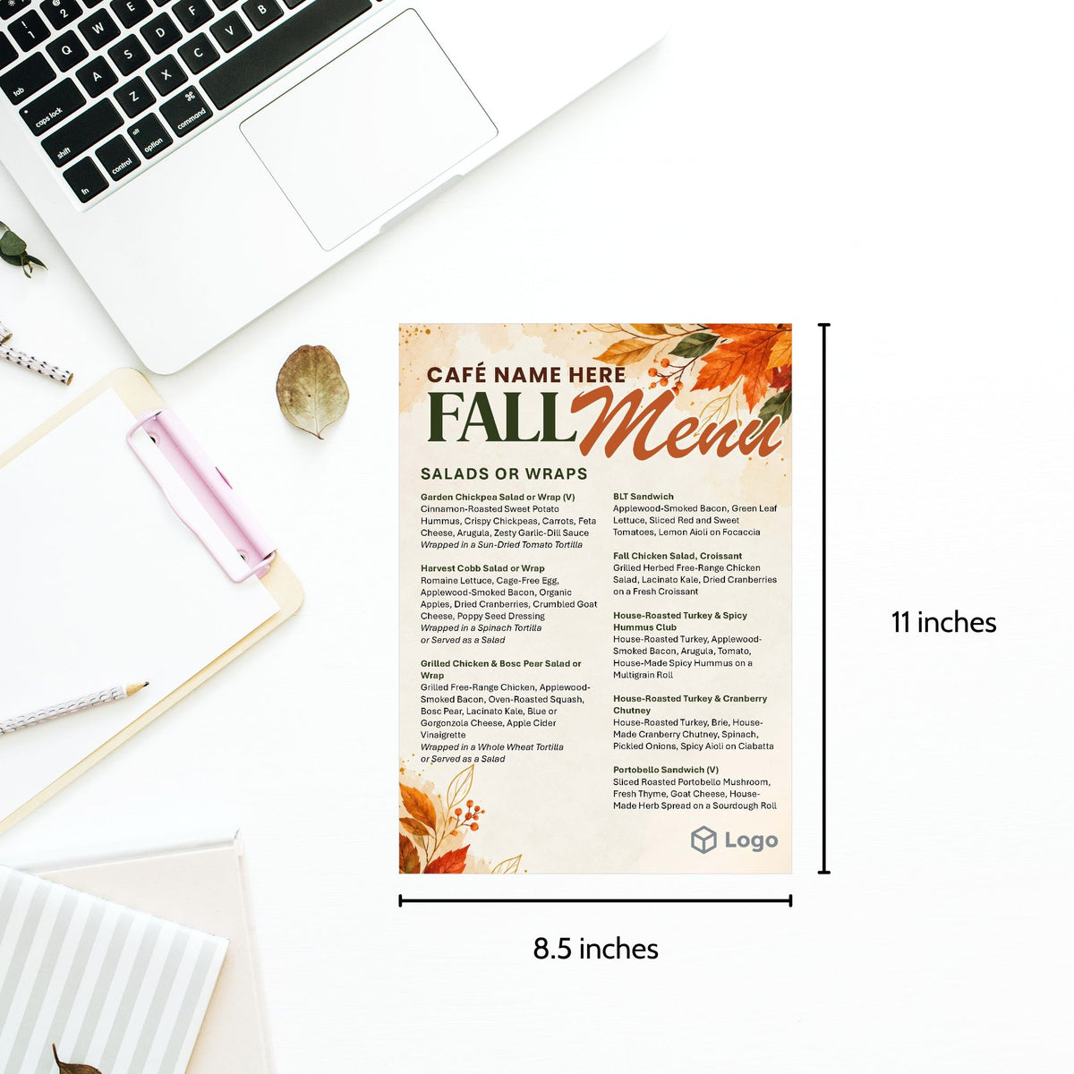 Editable Fall Menu Template featuring warm autumn leaves, seasonal watercolor accents, customizable menu text, café name, and logo placeholder.