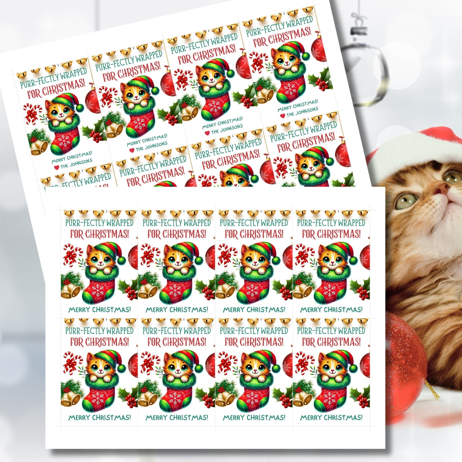 Christmas gift tags featuring a cute kitten snuggled in a festive stocking with holiday decorations like bells, candy canes, and holly, paired with the message "Purr-fectly Wrapped for Christmas!" These printable and editable tags add a cozy, festive touch to holiday gifts.