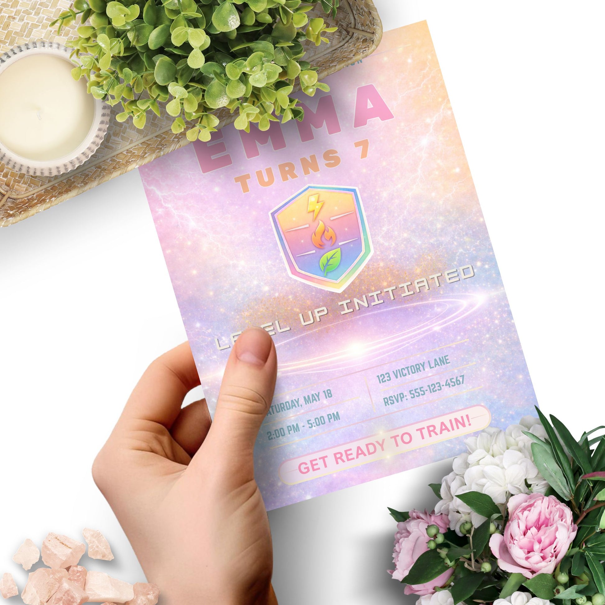 Editable pastel rainbow monster trainer inspired birthday invitation with soft glowing arena, cute badge design, and customizable party details in Canva