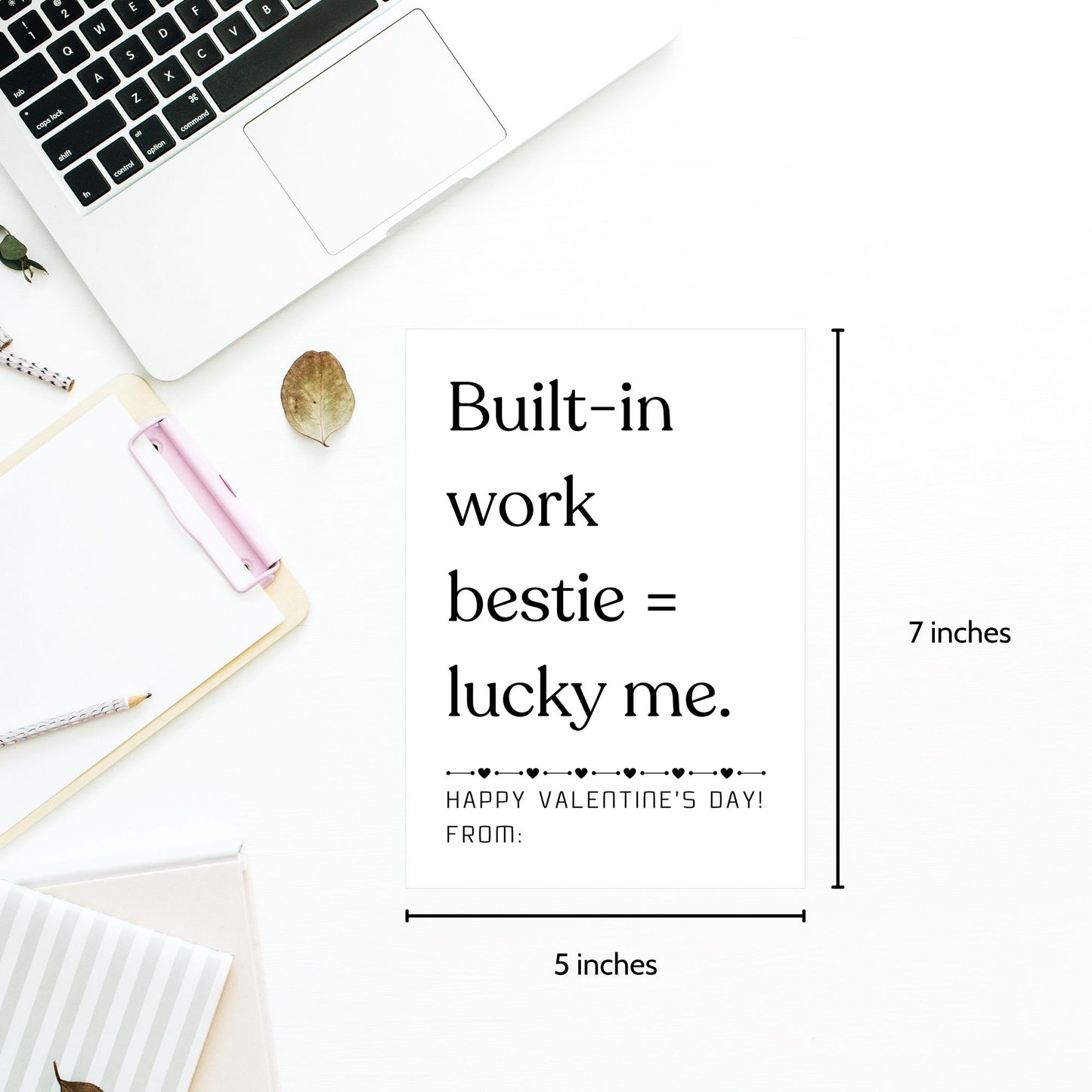 Minimalist black and white printable Valentine card for work besties featuring clean typography and office-friendly appreciation message.