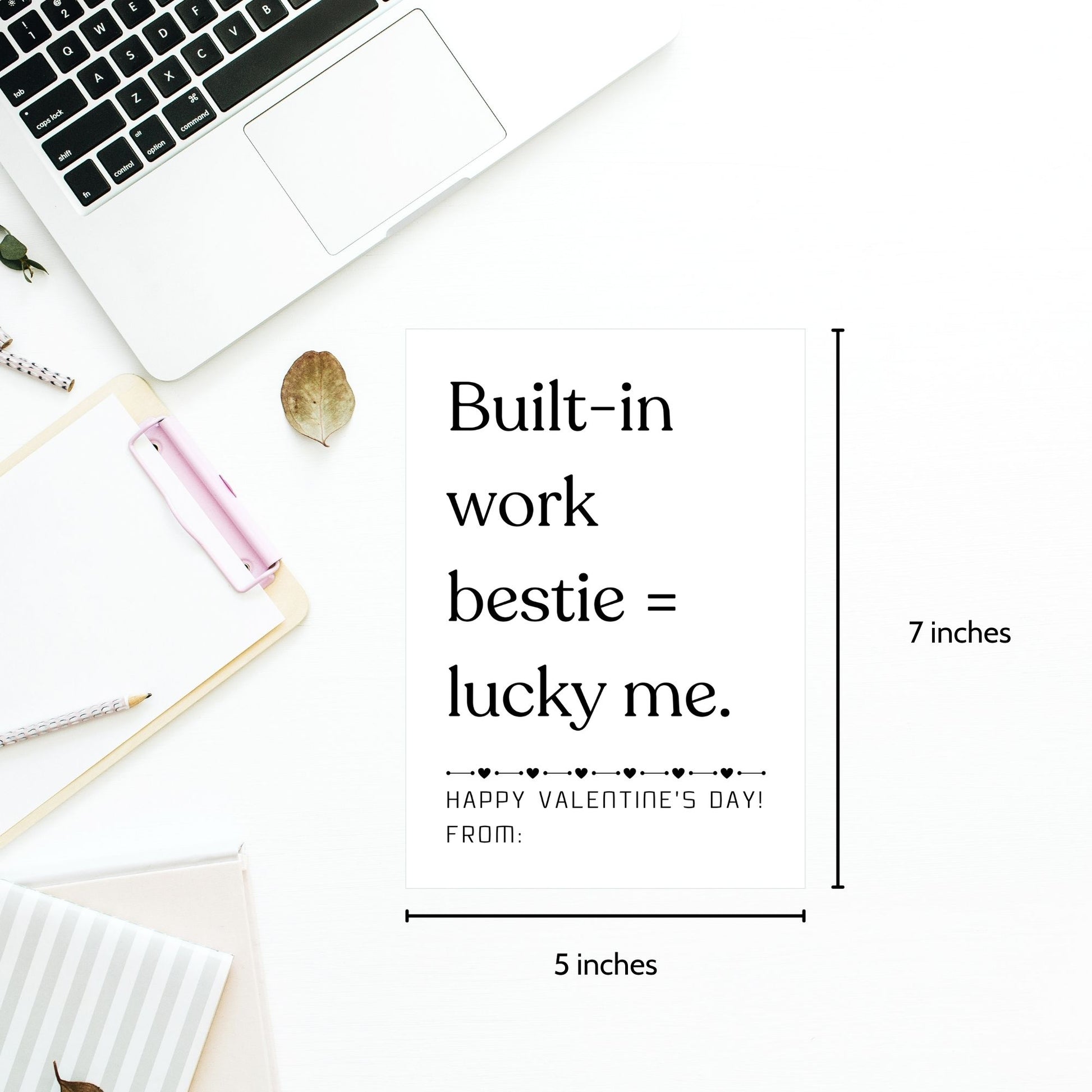 Minimalist black and white printable Valentine card for work besties featuring clean typography and office-friendly appreciation message.
