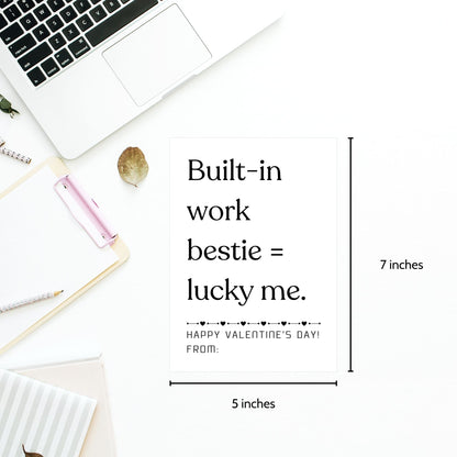 Minimalist black and white printable Valentine card for work besties featuring clean typography and office-friendly appreciation message.