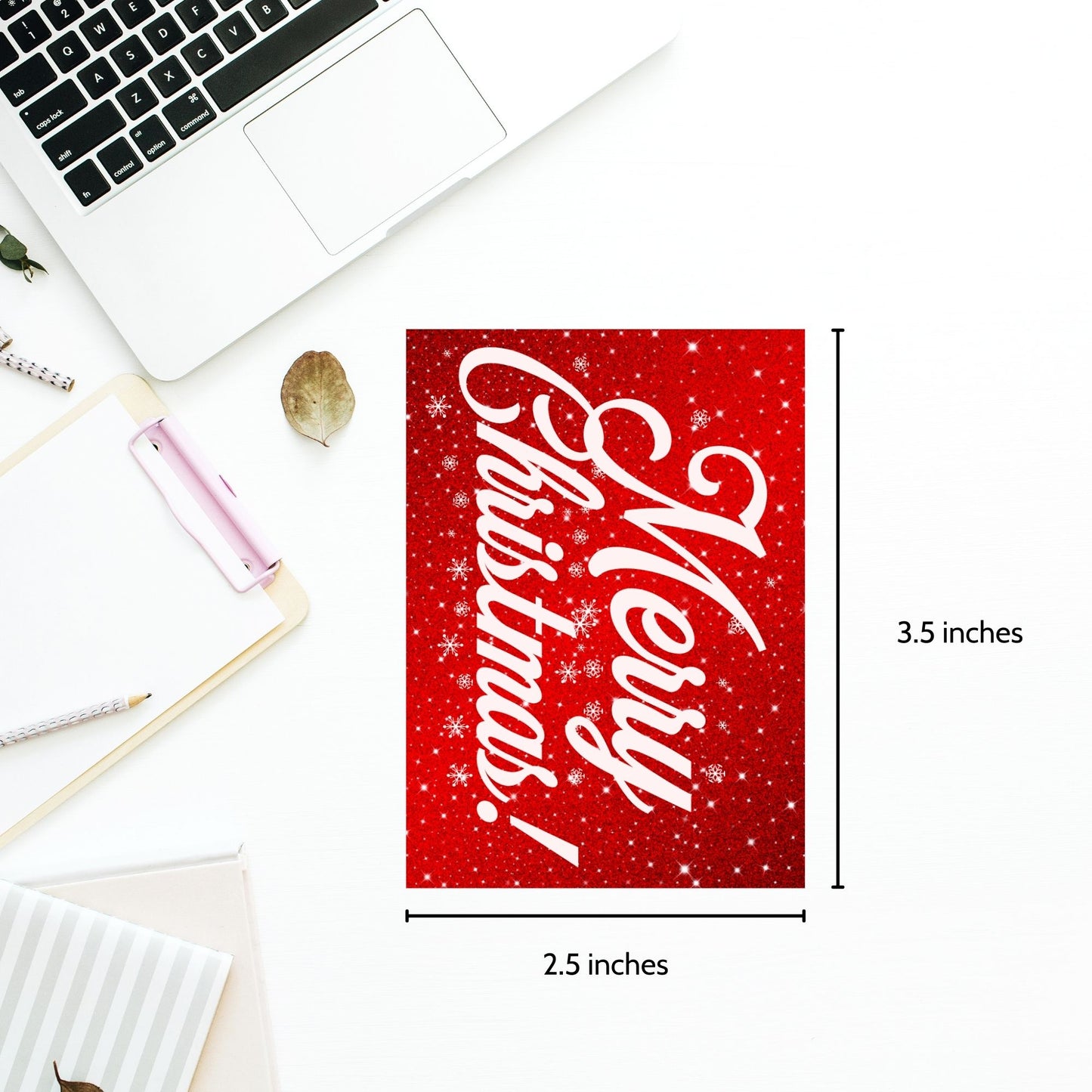 A set of red and white Christmas gift tags featuring "Merry Christmas!" in elegant white script on a sparkling red background with snowflake accents. These tags are 2.5 x 3.5 inches, perfect for adding festive charm to your holiday gifts.